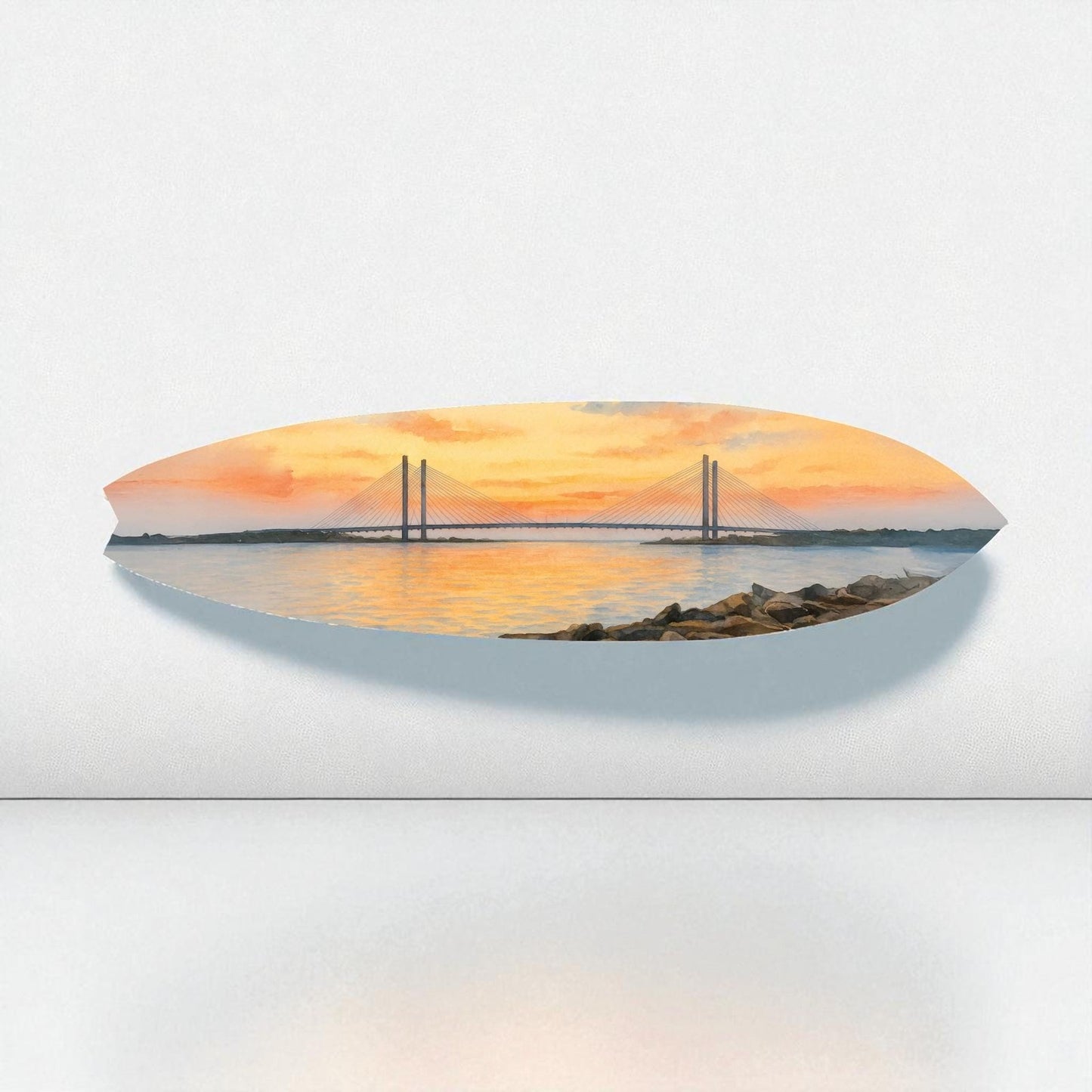 Indian River Bridge Surfboard Wall Art, Delaware Watercolor Coastal Décor