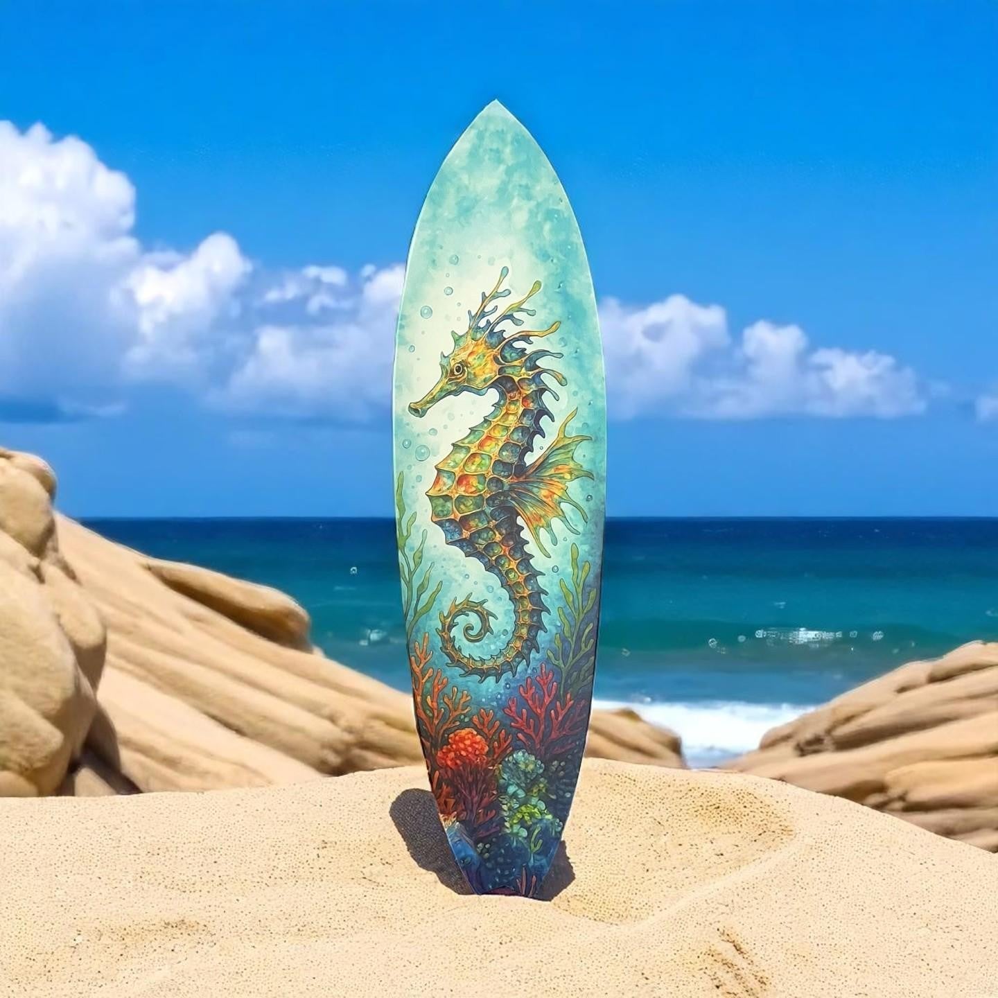Seahorse Surfboard Wall Art – Coastal PVC Beach Decor, Ocean Theme