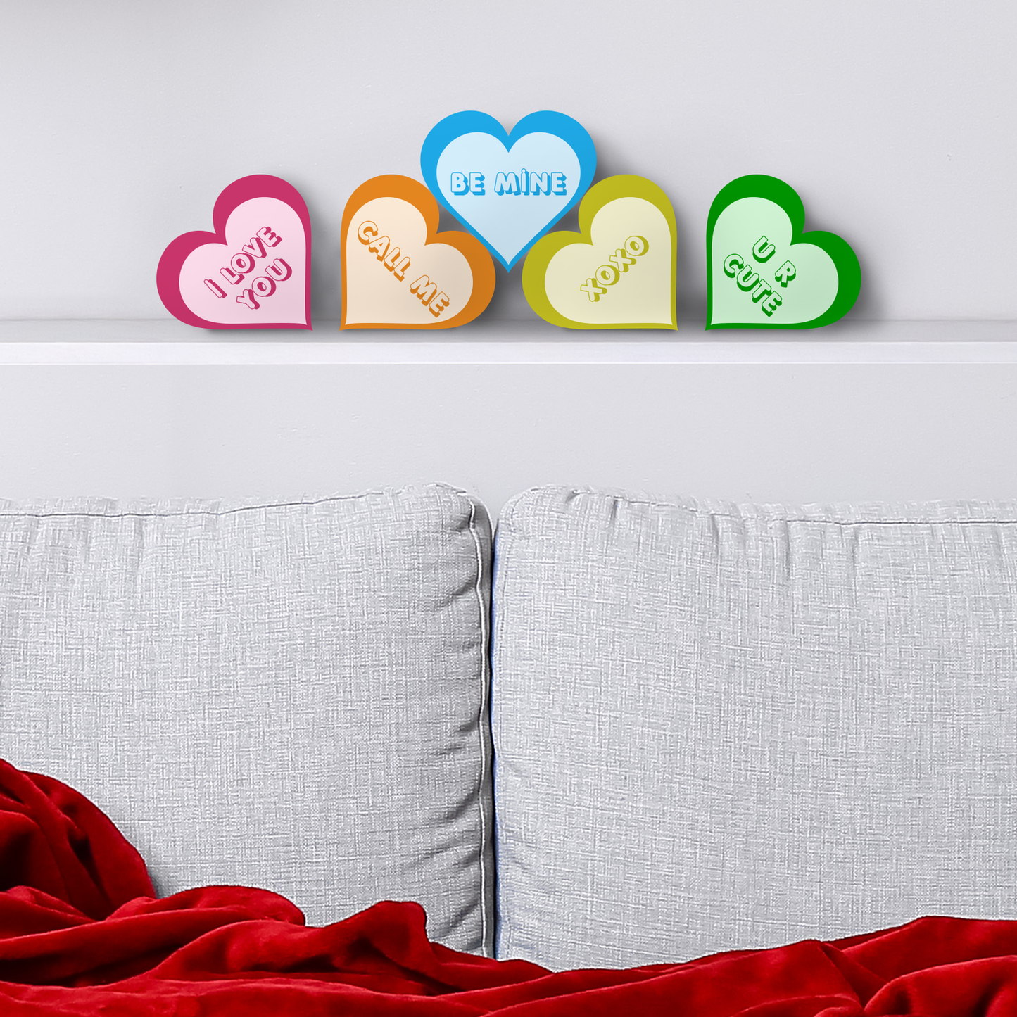 Valentine’s Day Decorations – 5-Piece Conversation Candy Heart Decor, 4 Inch Wooden Hearts with Funny Sayings for Mantel, Shelf and Tabletop