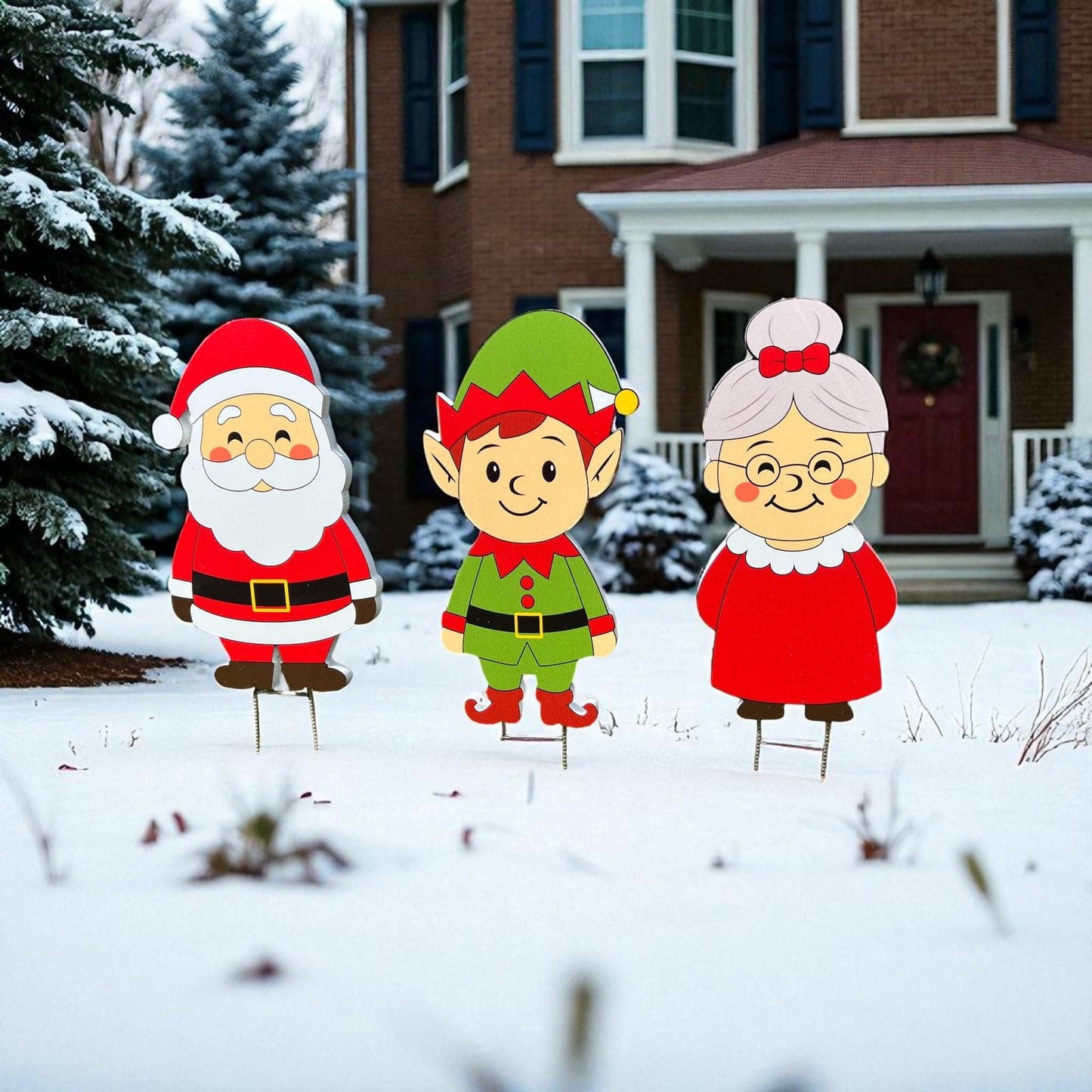 Christmas Yard Stakes Set of 3, Santa, Elf & Mrs. Claus, Outdoor Lawn Decor