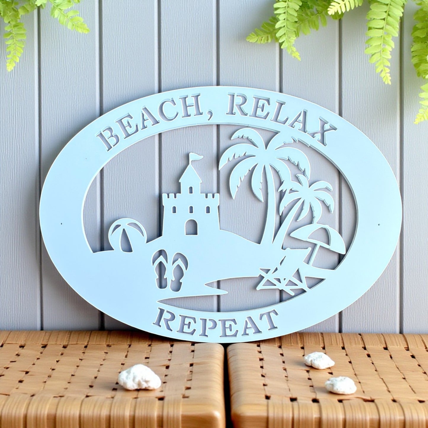 Beach House Sign – Beach Relax Repeat PVC Wall Art, Coastal Outdoor Decor