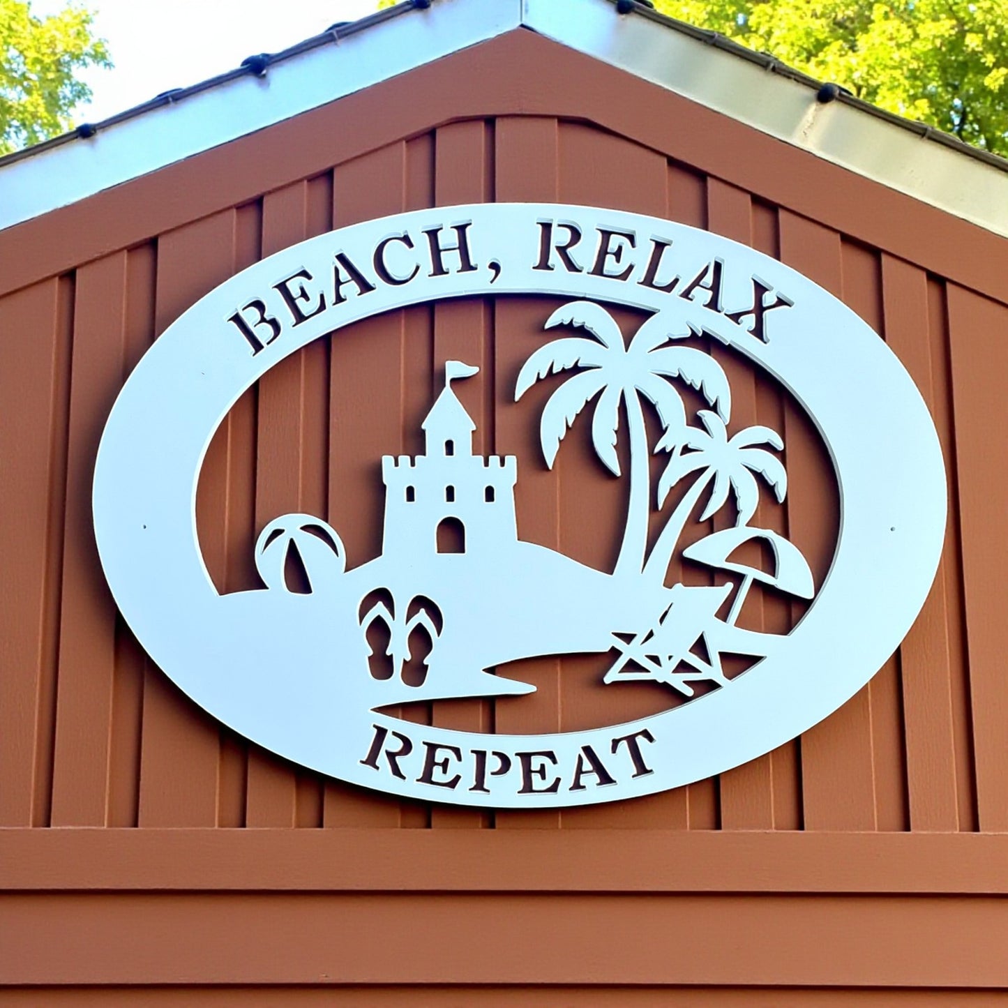 Beach House Sign – Beach Relax Repeat PVC Wall Art, Coastal Outdoor Decor