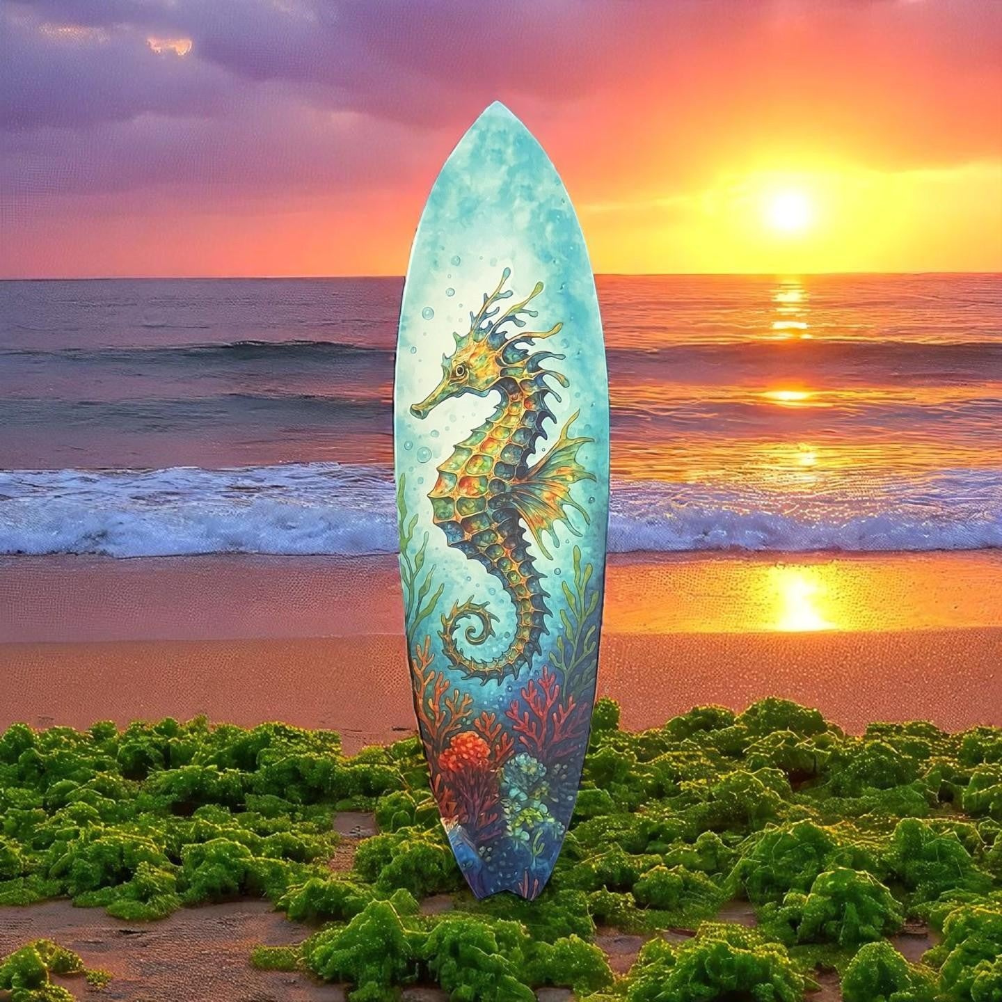 Seahorse Surfboard Wall Art – Coastal PVC Beach Decor, Ocean Theme