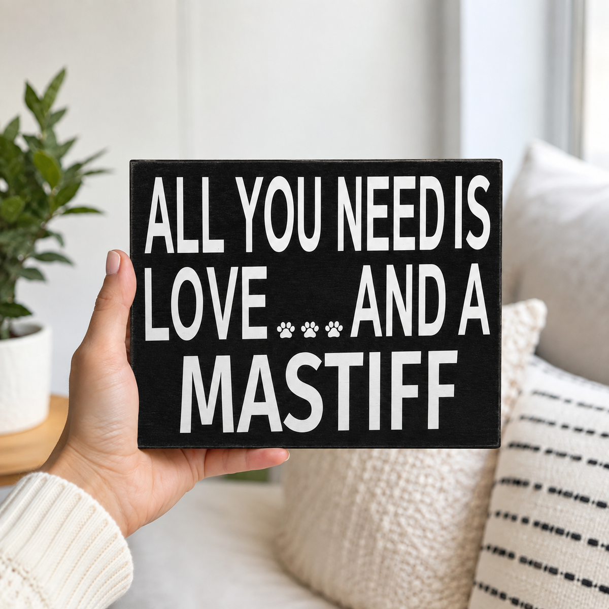 A hand holds a rectangular black sign with bold white text reading 'ALL YOU NEED IS LOVE.