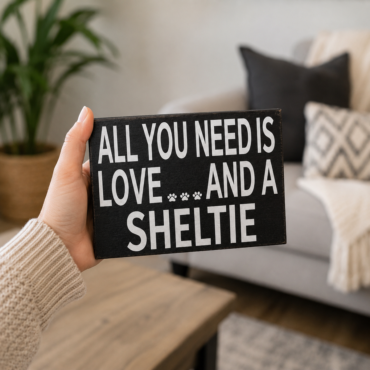 A hand wearing a beige knit sweater holds a black rectangular wooden sign with white text that reads 'ALL YOU NEED IS LOVE.