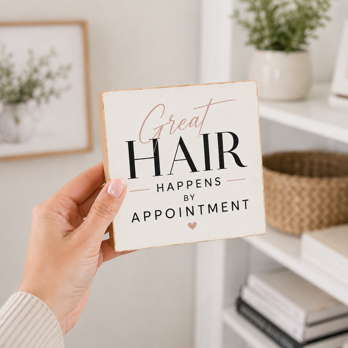 A hand holds a square wooden sign with the phrase 'Great HAIR HAPPENS BY APPOINTMENT' in black and rose gold lettering. The background shows a softly blurred home interior with white shelves, books, and potted plants.