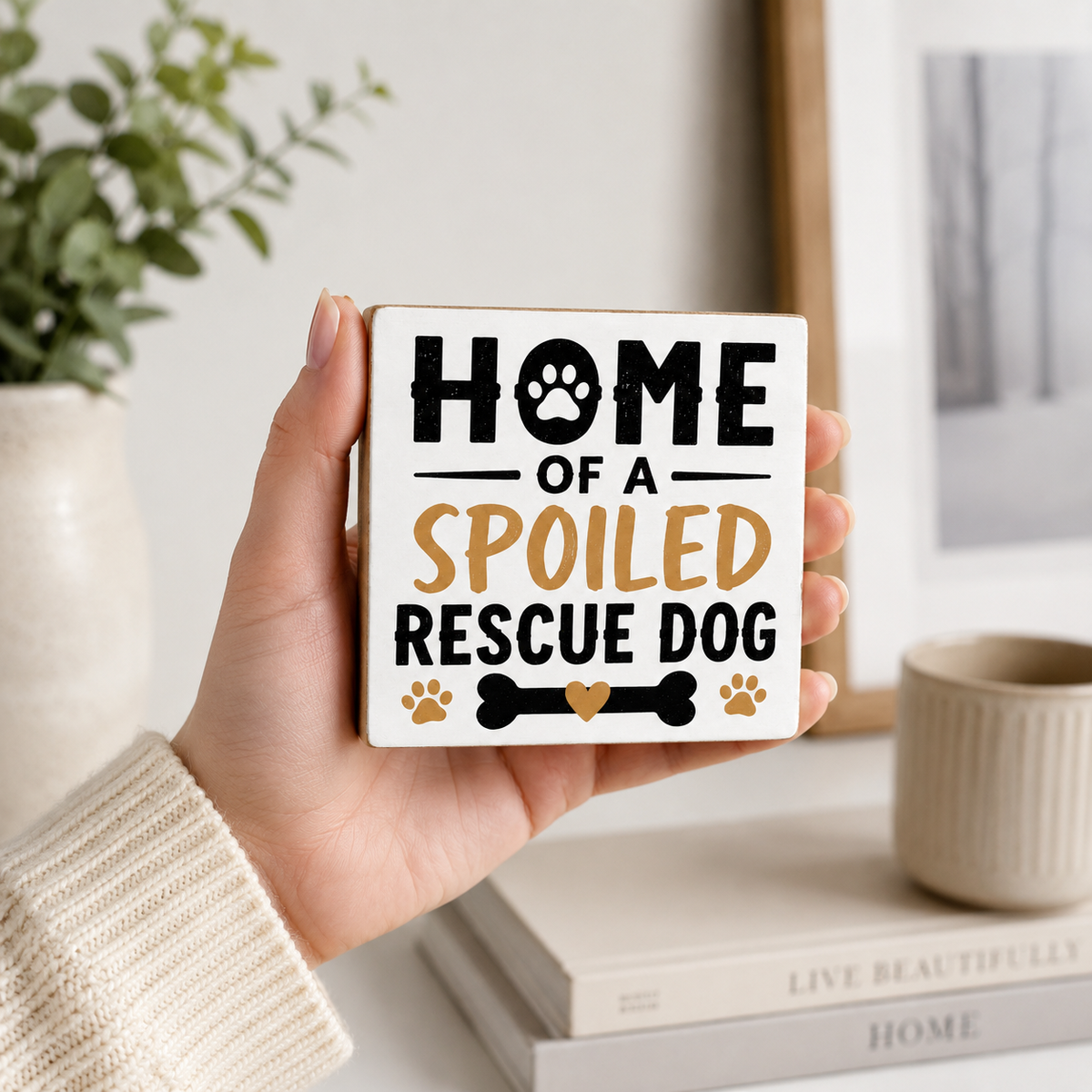 A hand holds a square white decorative sign that reads “HOME OF A SPOILED RESCUE DOG” in black and tan lettering with paw and bone graphics. The background shows a softly styled indoor scene with a plant, books, and a mug.