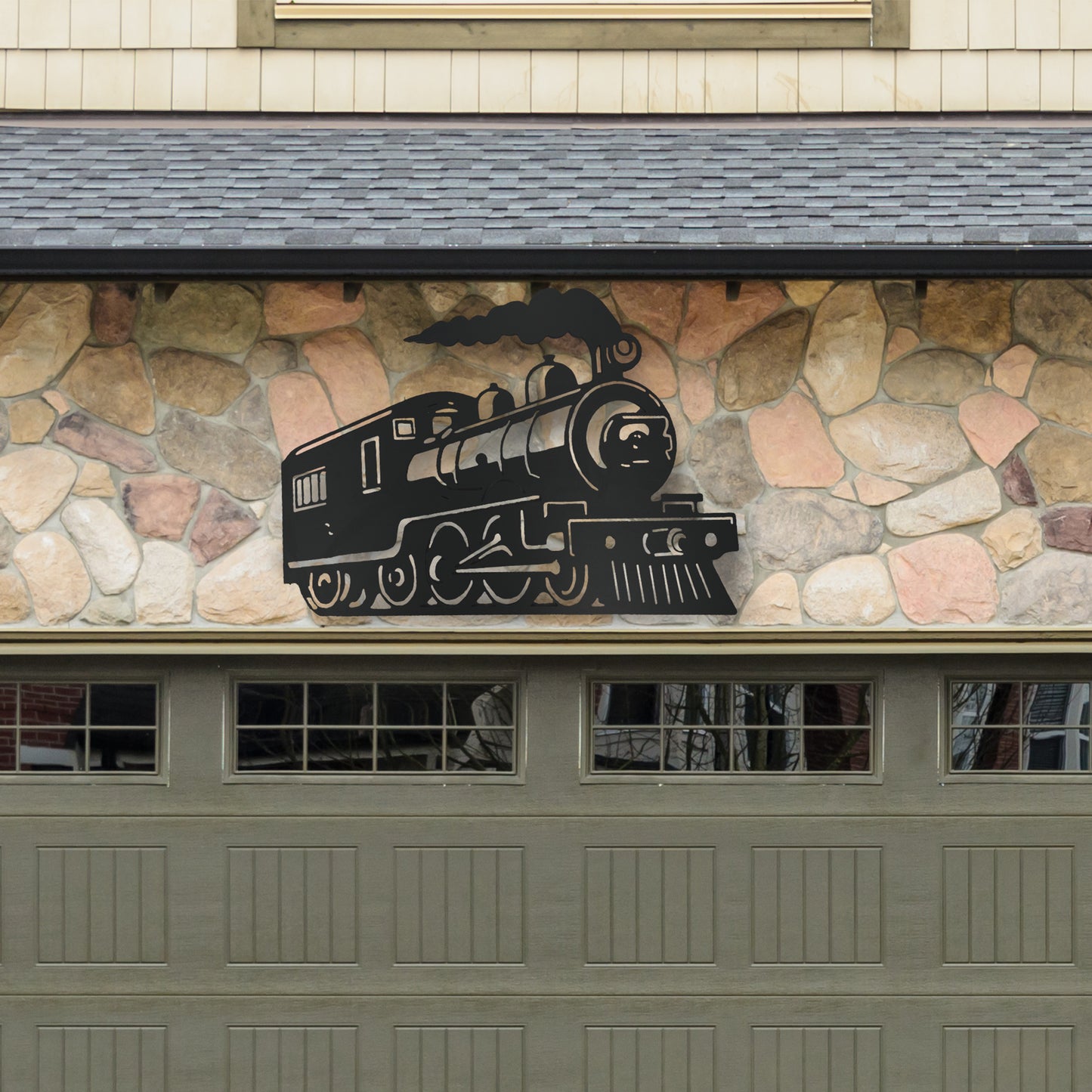 Outdoor Train Steam Locomotive Wall Art – Black PVC Railroad Decor – Weatherproof Train Car Sign