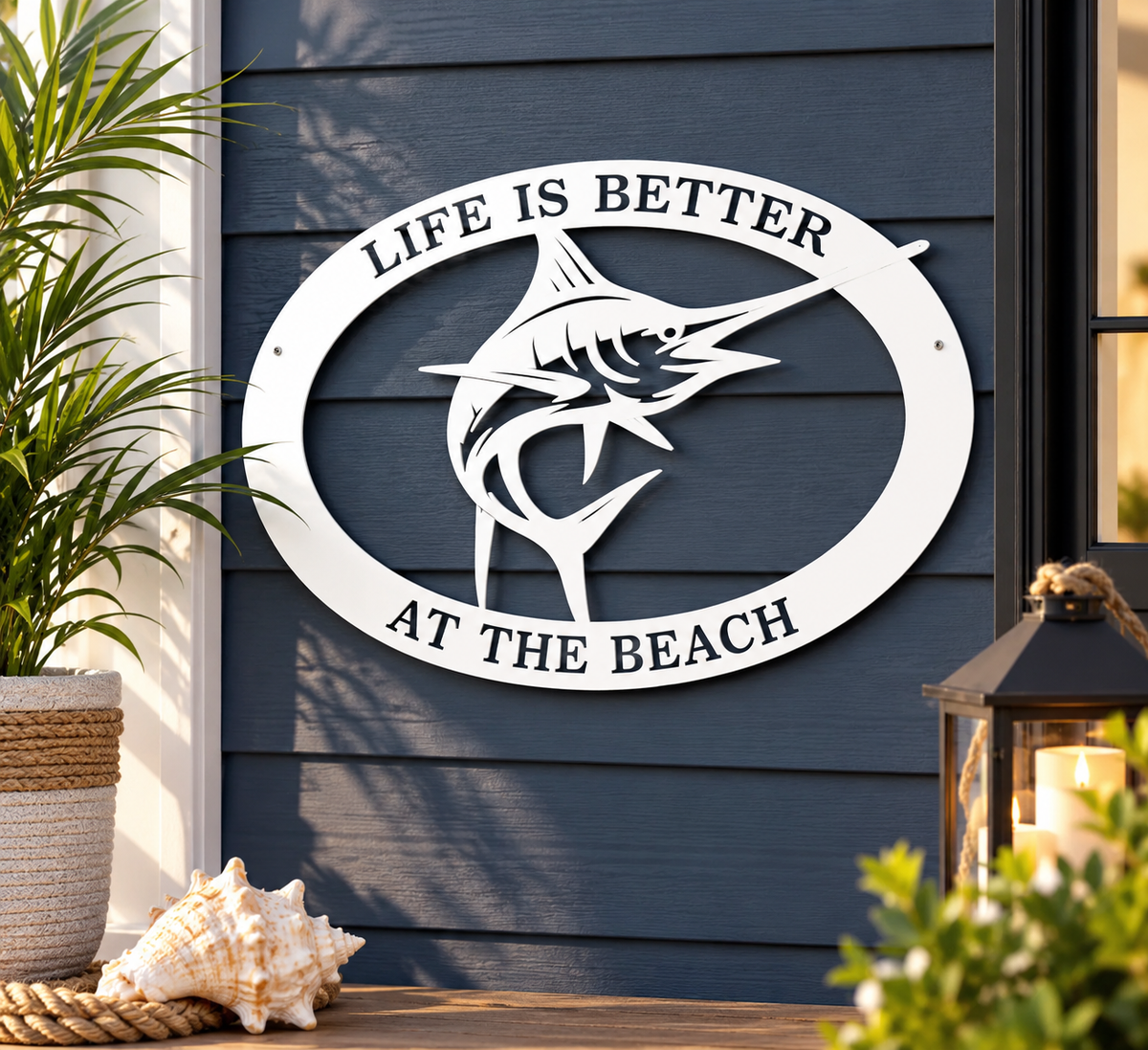 Outdoor Fishing Wall Hanging, Marlin Billfish Sign | Coastal PVC Beach House Decor