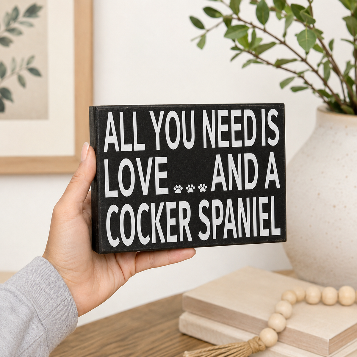 A hand holds a black rectangular sign with white text that reads 'ALL YOU NEED IS LOVE.