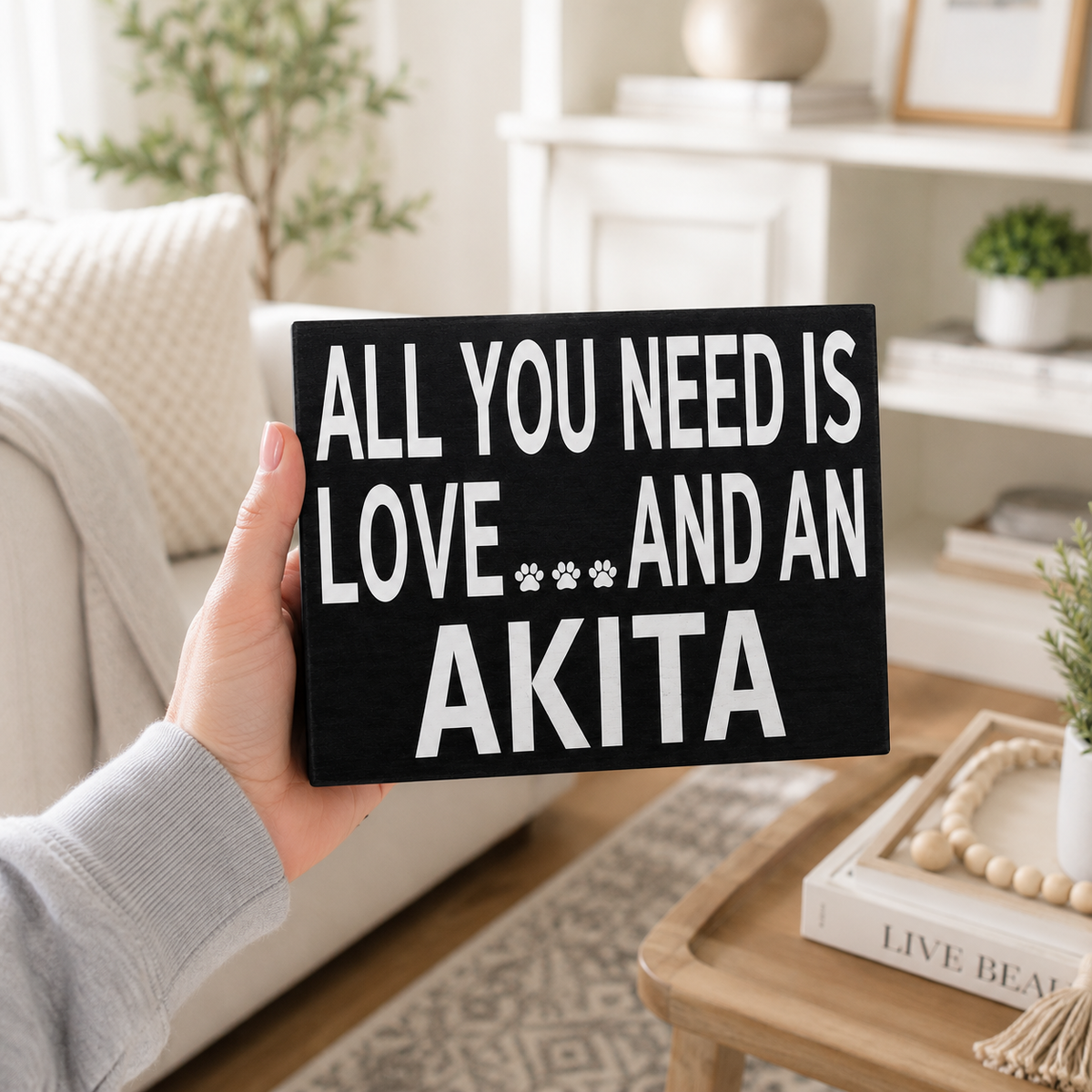 A hand holds a black rectangular sign with bold white text reading 'ALL YOU NEED IS LOVE.