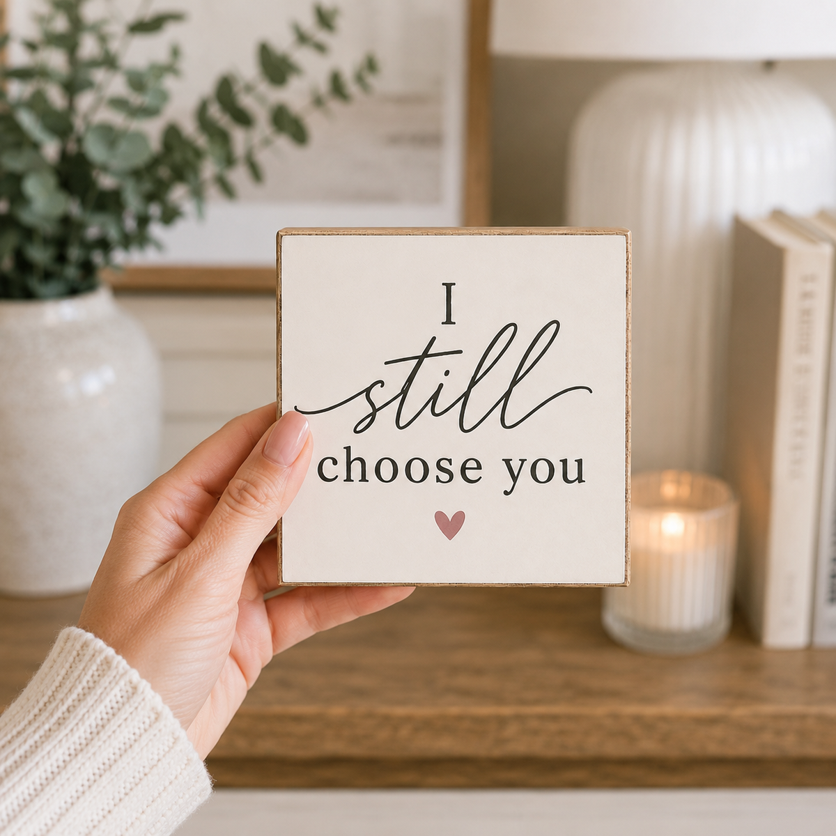 A hand holds a square cream-colored wooden sign with the printed message 'I still choose you' in black script and serif fonts, accented by a small pink heart. The background shows a softly blurred home interior with a lit candle, books, and a plant.
