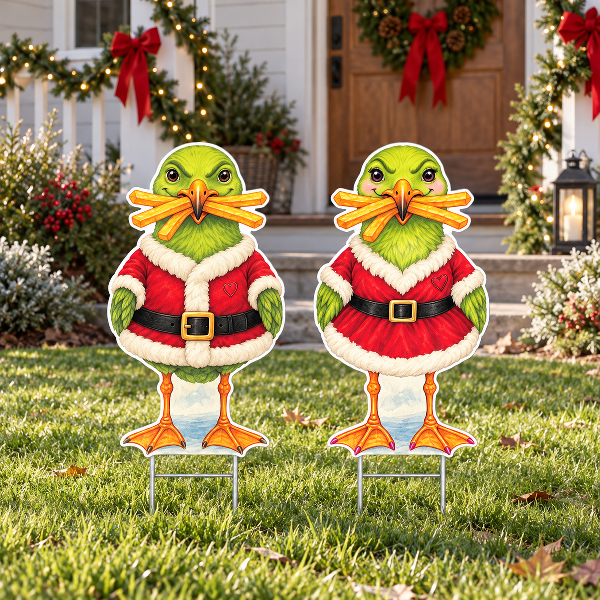 Green Santa Yard Signs, Set of 2, Coastal Beach Christmas, 12 Inch PVC Sully & Sally