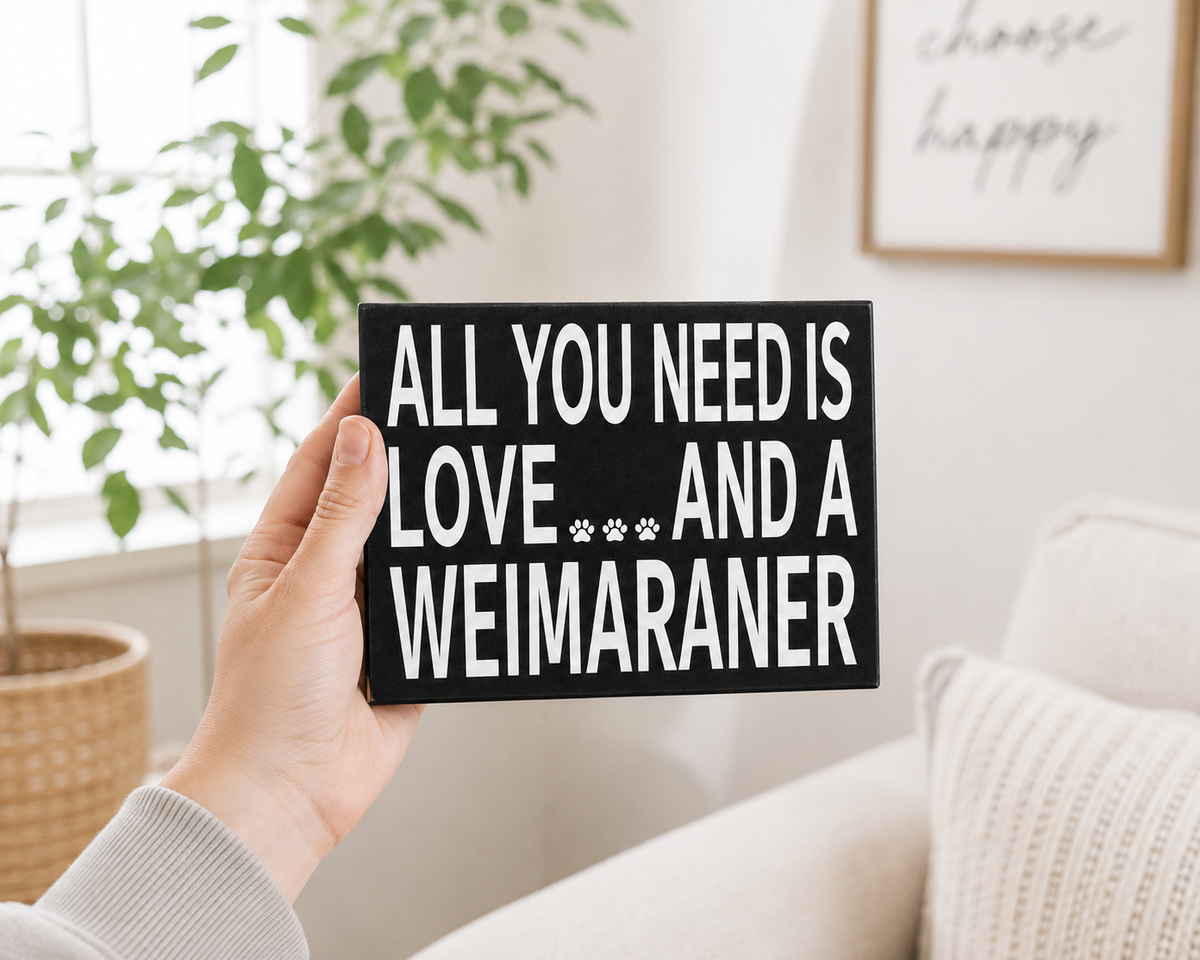 A hand holds a black rectangular sign with white text that reads 'ALL YOU NEED IS LOVE AND A WEIMARANER' with small paw prints. The background shows a cozy living room setting with a plant, a light-colored sofa, and a framed wall art piece.