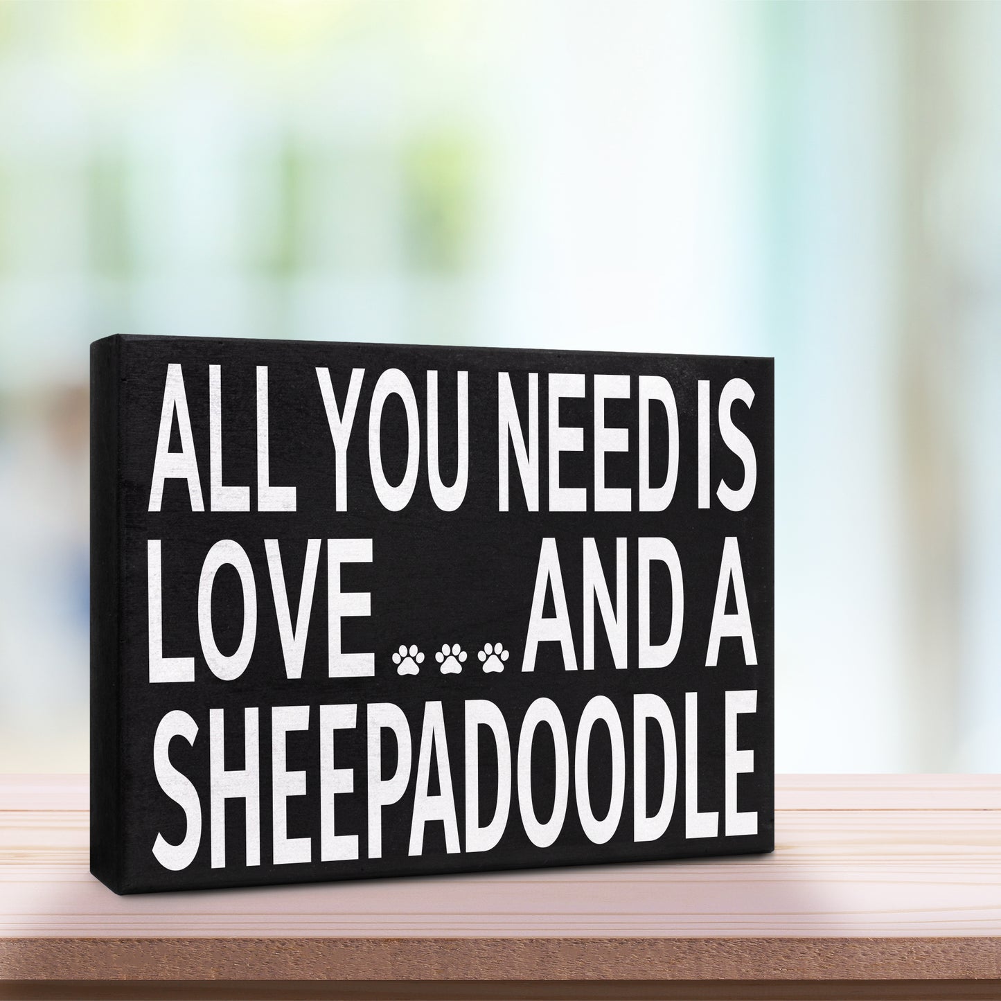 JennyGems Sheepadoodle Gifts, All You Need Is Love and a Sheepadoodle Wooden Sign, Sheepadoodle Dog Mom, Shelf Decor and Wall Hanging, Made in USA
