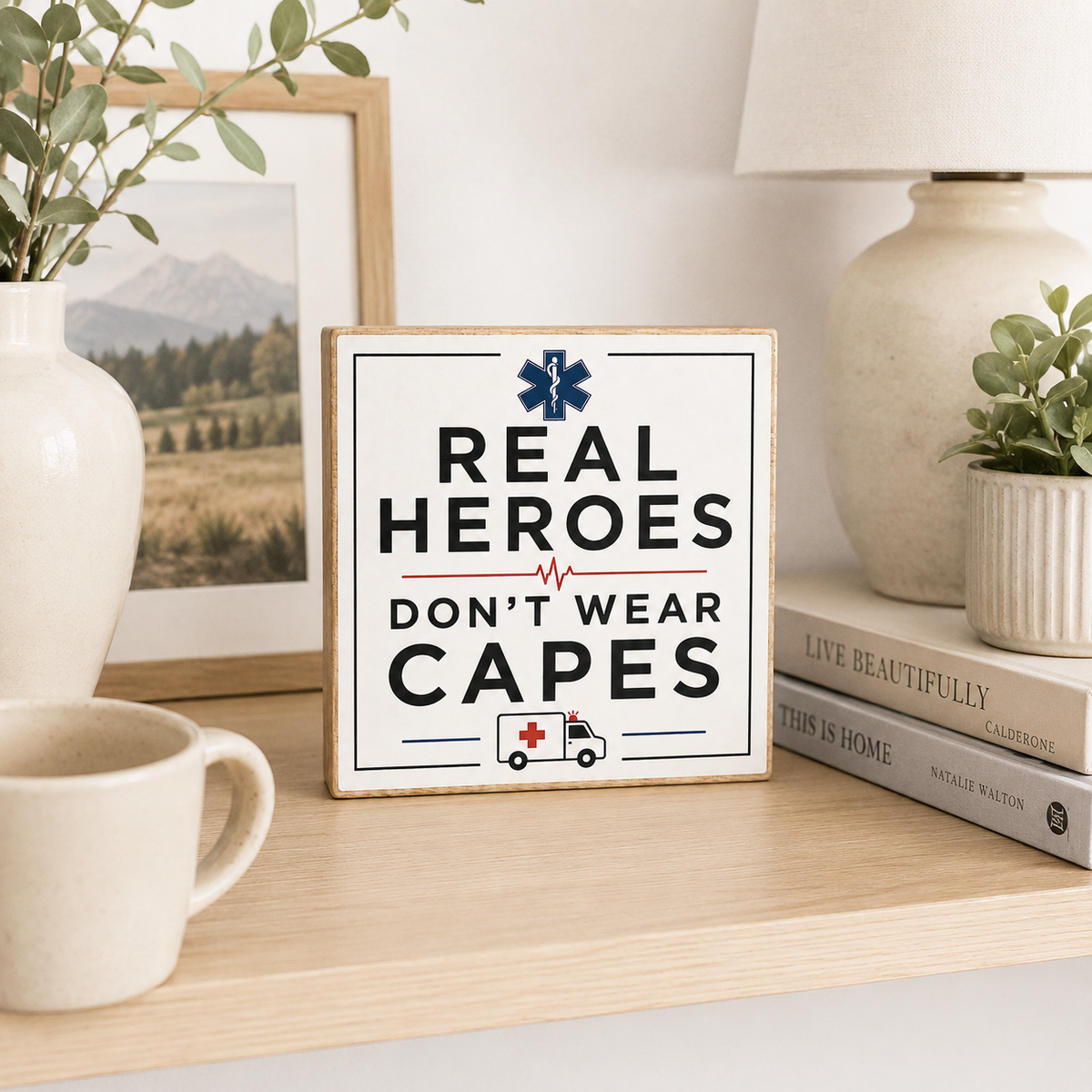 A square wooden sign with a rustic light wood border reads 'REAL HEROES DON'T WEAR CAPES' in black text, with a blue medical star and a small ambulance icon. The sign is styled on a light wood shelf next to a mug, books, a lamp, and framed art.