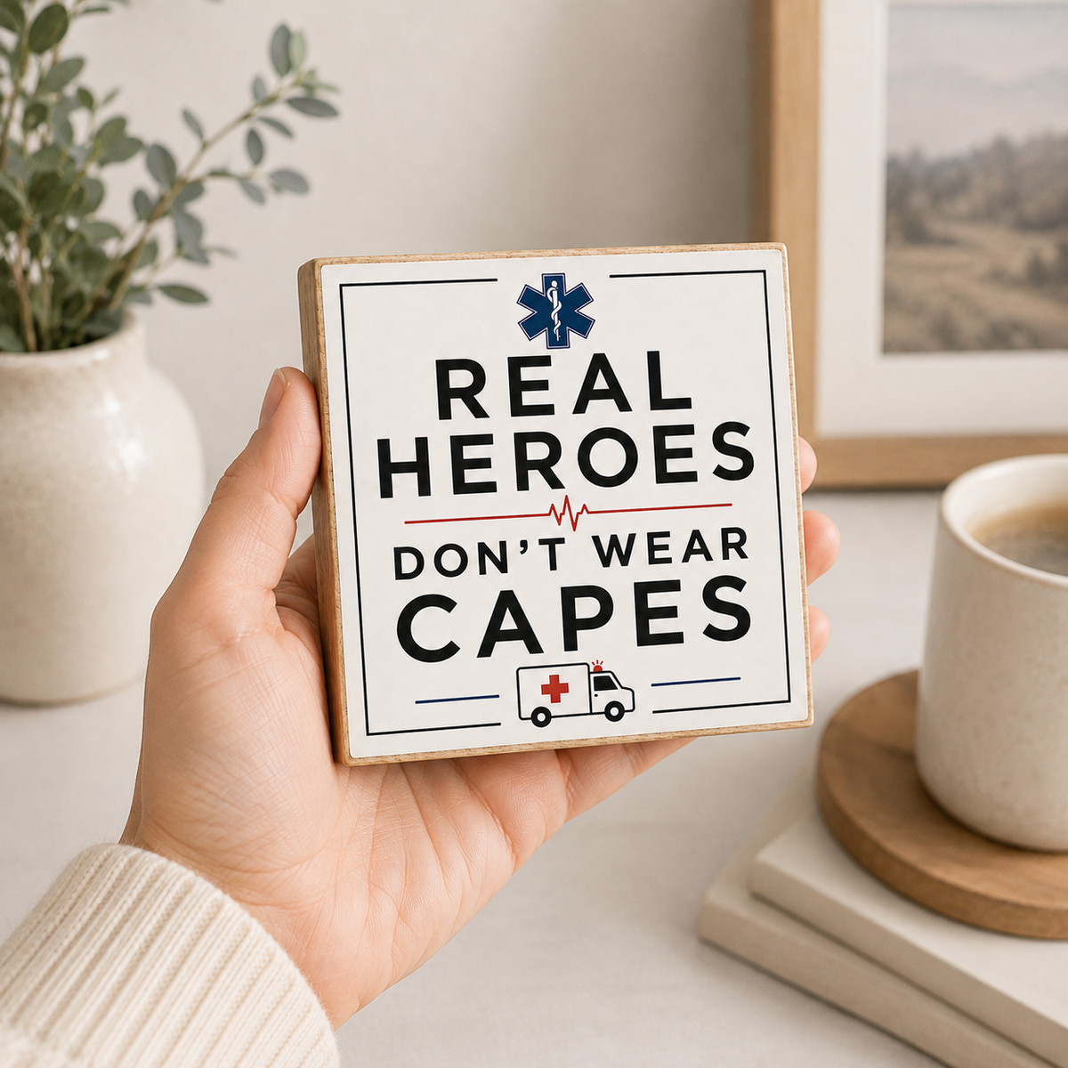 A hand holds a square wooden sign with the text 'REAL HEROES DON'T WEAR CAPES' and medical-themed icons, set against a cozy home background with a plant, framed picture, and coffee cup.