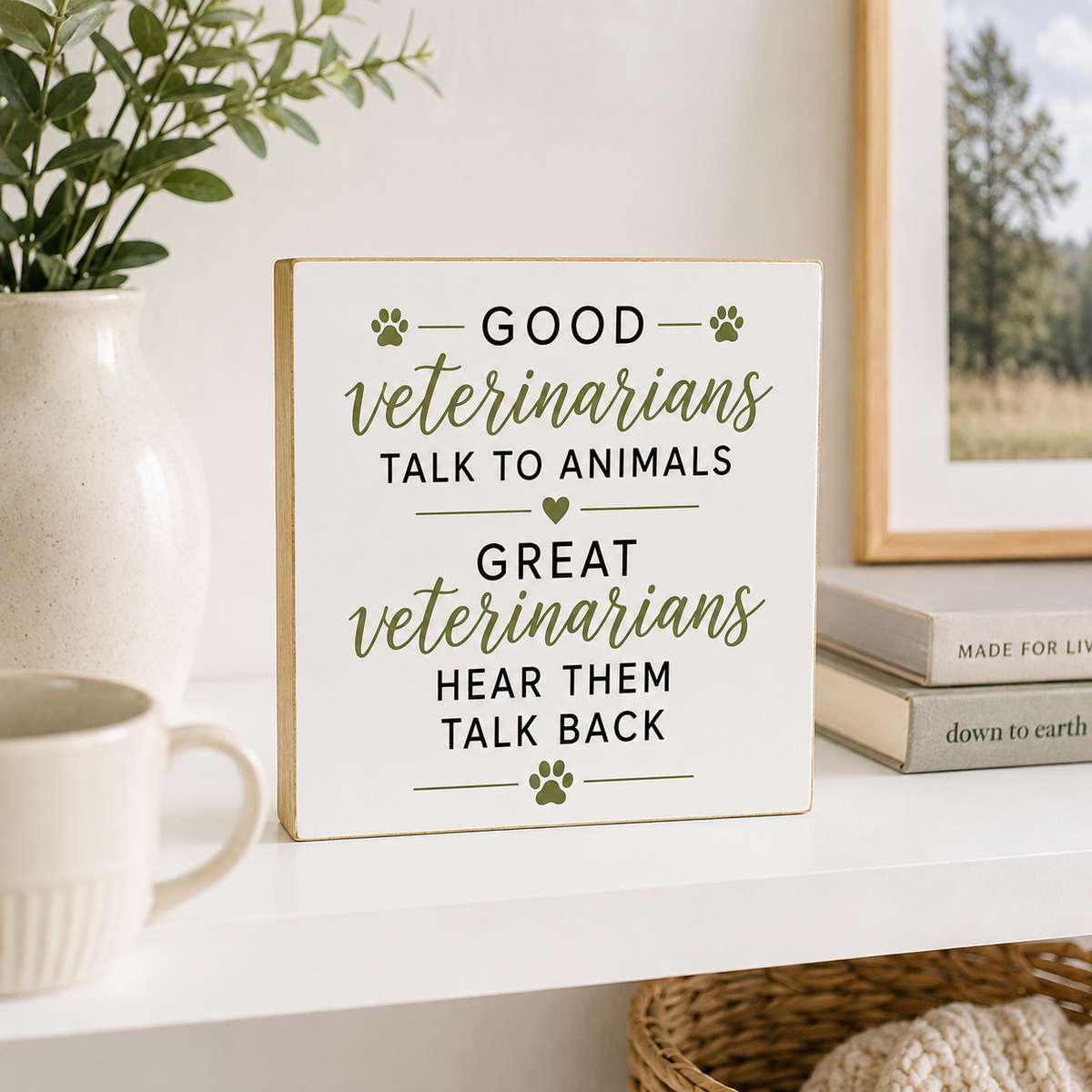 A square decorative sign with a white face and natural wood edges, reading 'Good veterinarians talk to animals, Great veterinarians hear them talk back,' styled on a white shelf with a plant, mug, books, and framed art in the background.