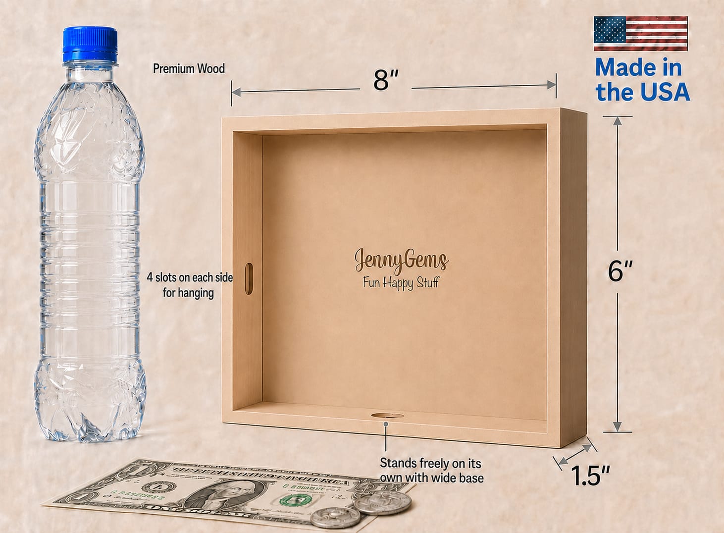 A wooden hanging display box labeled 'JennyGems Fun Happy Stuff' shown with dimension callouts: 8 inches wide, 6 inches tall, and 1.5 inches deep.