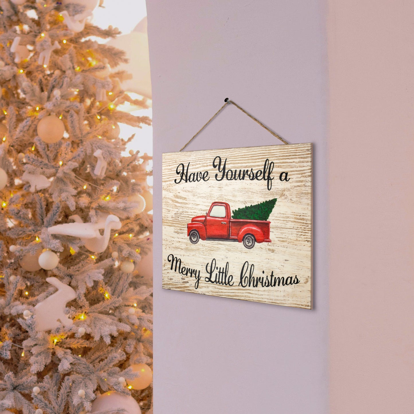 Vintage Red Truck with Christmas Tree Decor, Real Wood, 10x12 Inch, Christmas Sign, Made in USA