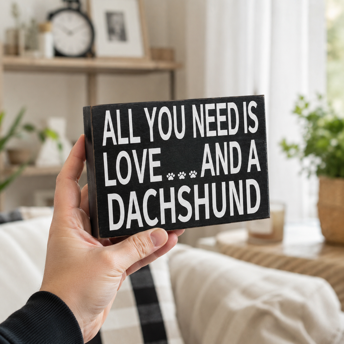 A hand holds a black rectangular sign with white text that reads 'ALL YOU NEED IS LOVE.