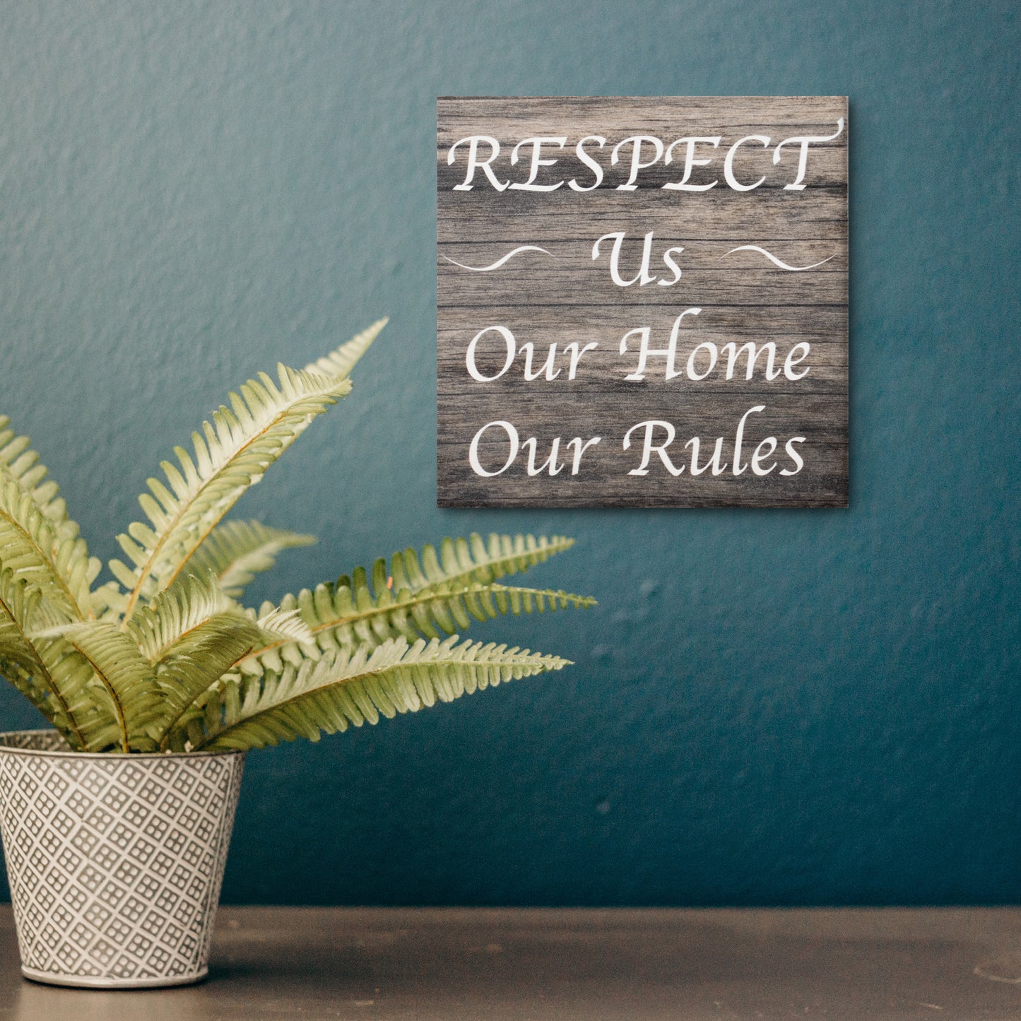JennyGems Respect Us Our House Our Rules, 5.5x5.5 Inch Wood Shelf Sign, Wall Decor, House Rules Sign for Rental Properties, Vacation Home Signs, Visitor Signs, American Made