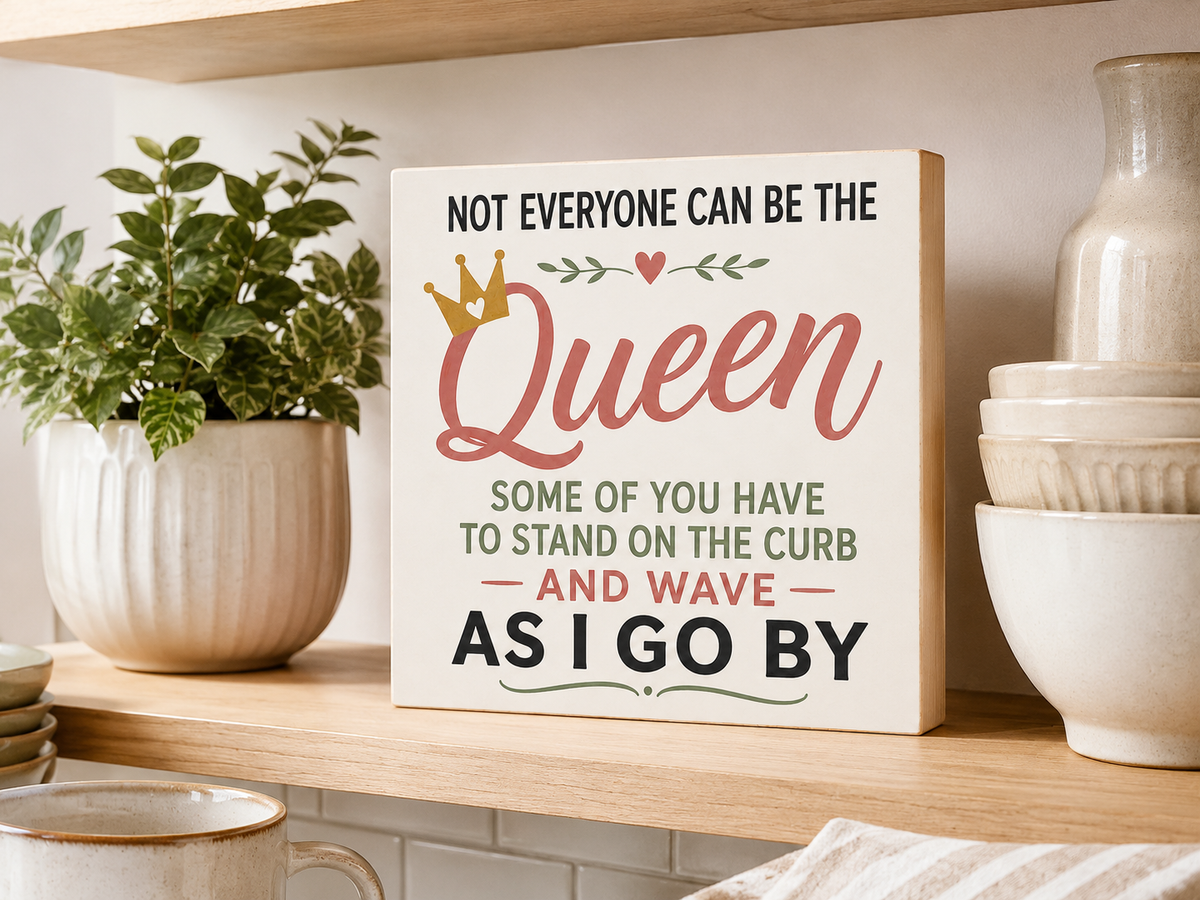 A square decorative sign with a humorous quote about being a queen and reading 'AS I GO BY' in black, styled on a wooden shelf next to a potted plant and ceramic bowls.