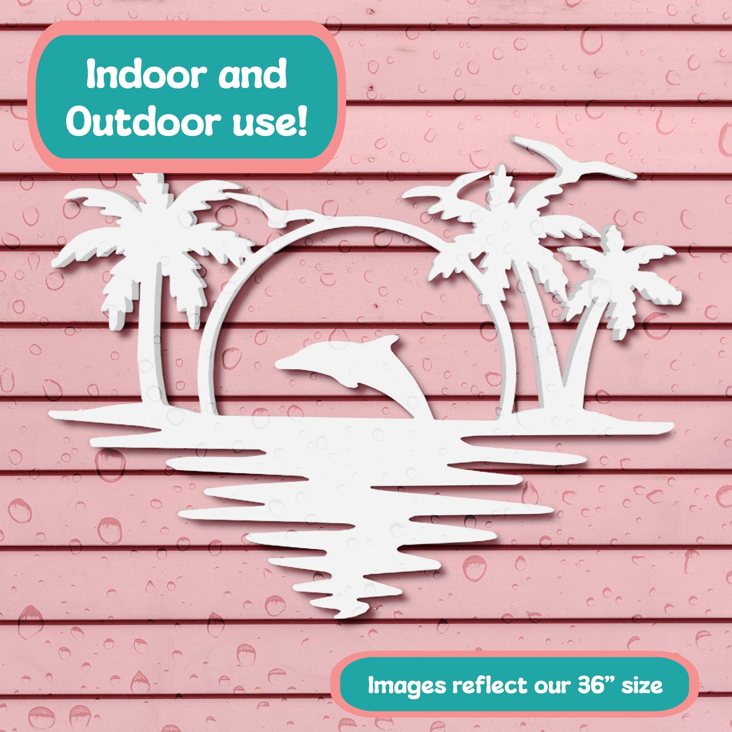 Outdoor Dolphin Wall Art, Coastal Wall Decor for Beach House, White PVC Dolphin Sign with Palm Trees Sunset, 2 Foot