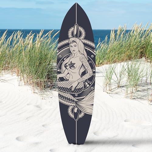 Outdoor Mermaid Surfboard Wall Art – Weatherproof PVC – Coastal Mermaid Sign for Beach House or Pool Area – Nautical Decor, 5 Foot