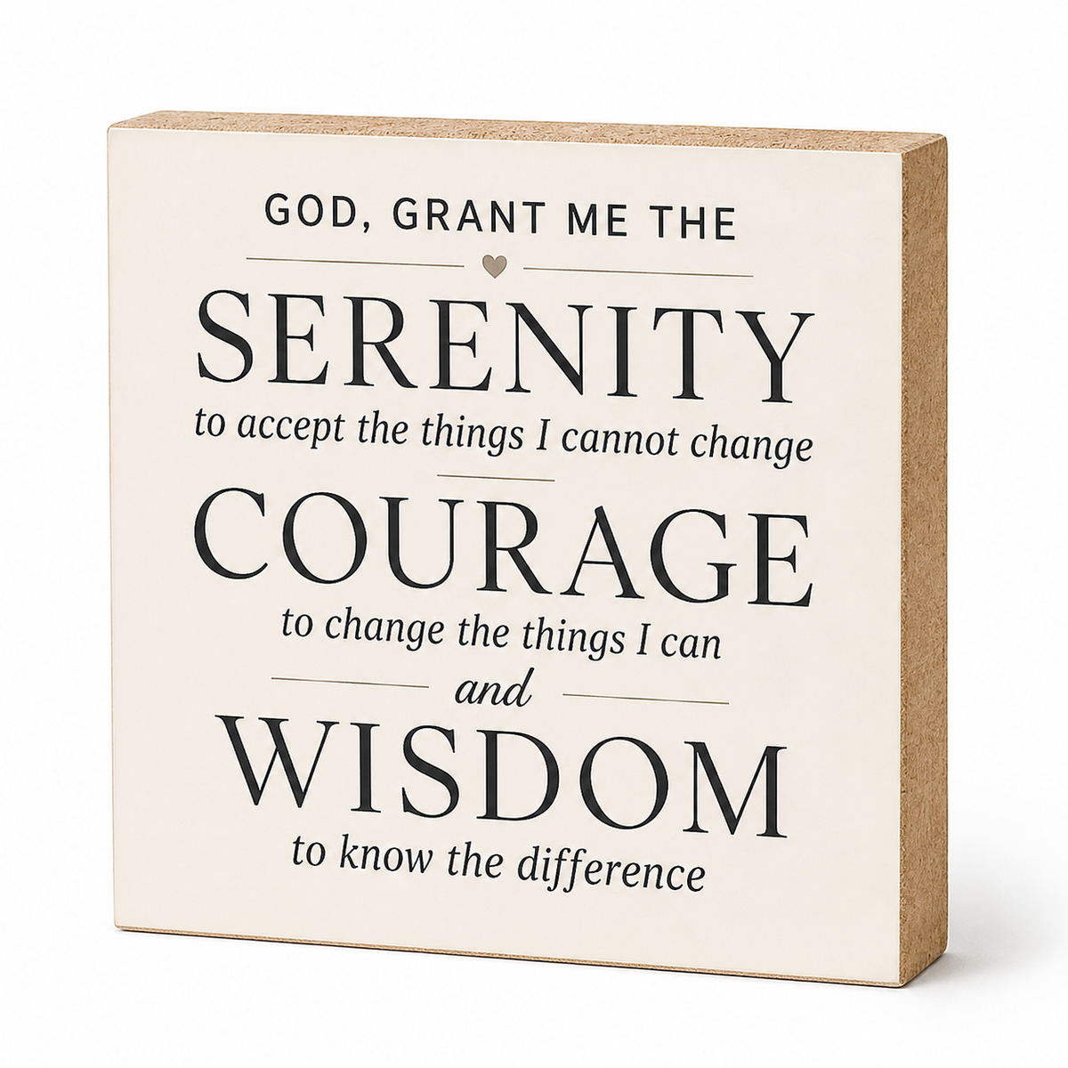 A square decorative block sign with a cream face and natural wood sides, printed with the Serenity Prayer in black serif and italic text, shown on a clean white background.