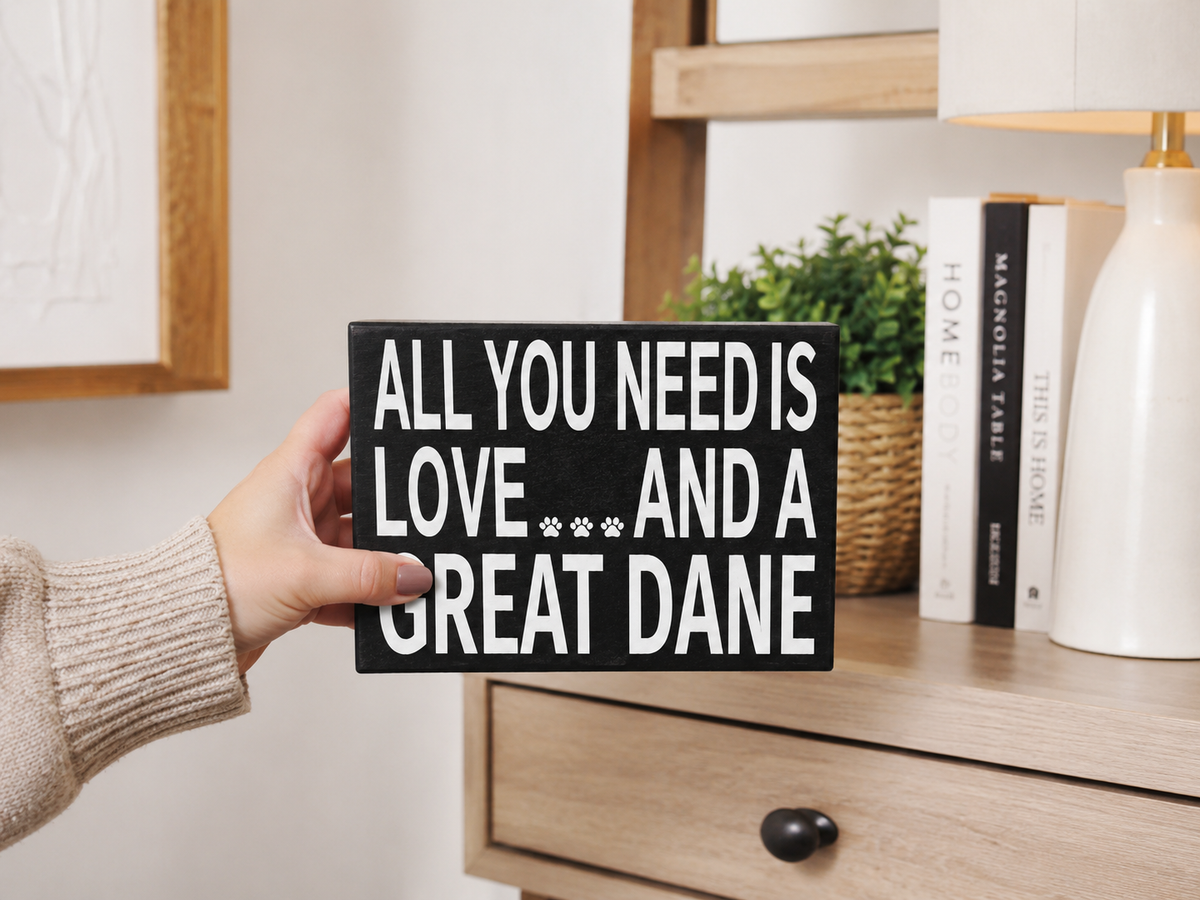 A hand wearing a beige knit sleeve holds a black rectangular sign with white text that reads, 'ALL YOU NEED IS LOVE.
