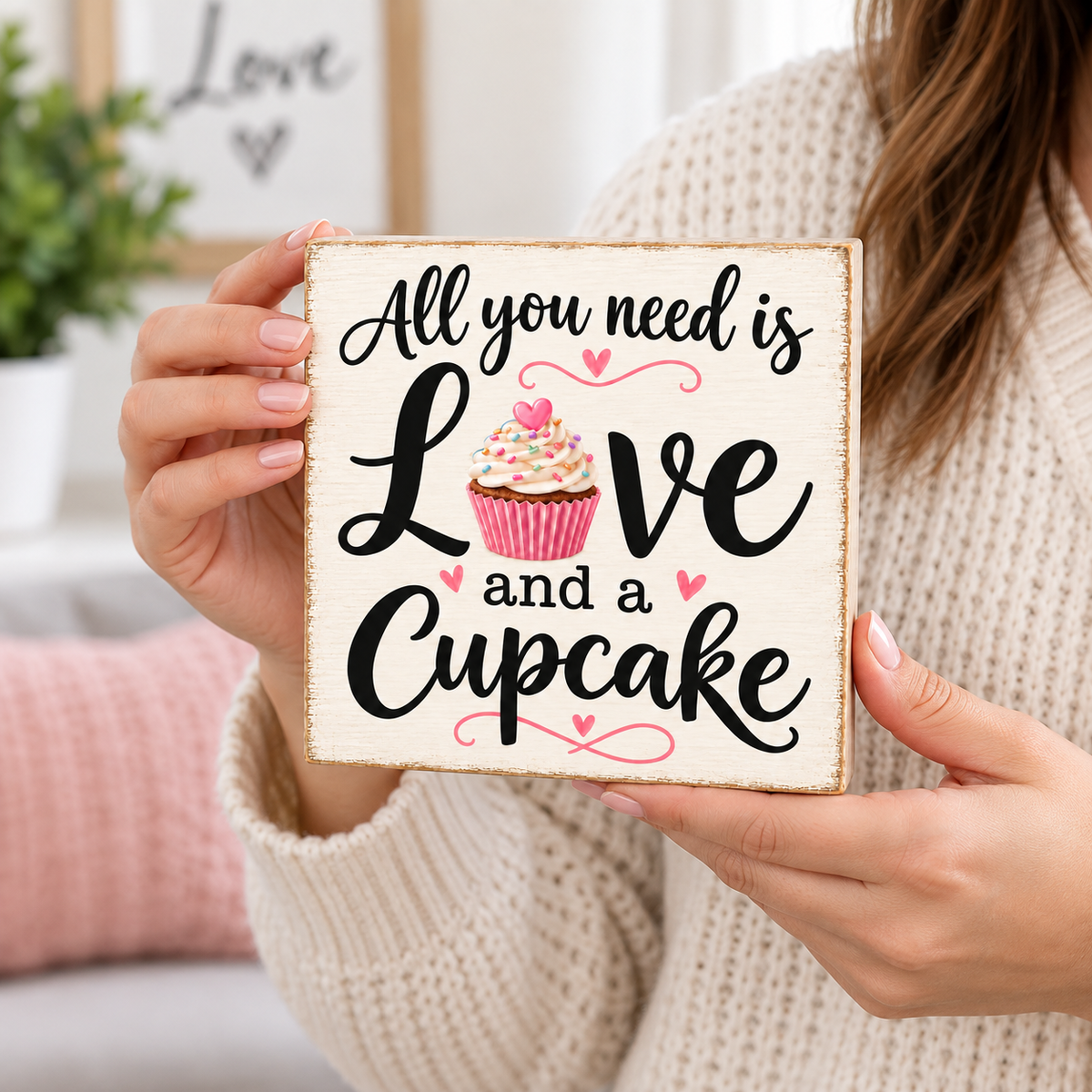 A person in a cream knit sweater holds a square decorative sign that reads 'All you need is Love and a Cupcake' with a pink cupcake illustration. The background shows a softly blurred indoor setting with a plant and pink cushion.