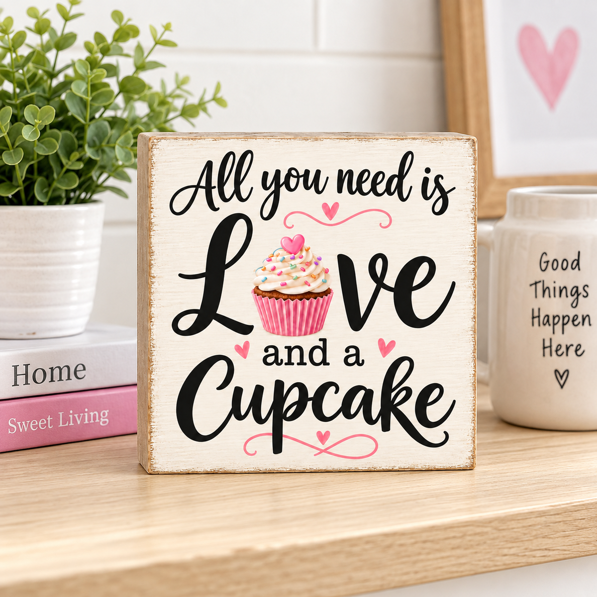A decorative wooden sign on a light wood shelf reads 'All you need is Love and a Cupcake' with a pink cupcake illustration. The sign is styled in a home setting with a potted plant, books, and a ceramic mug in the background.