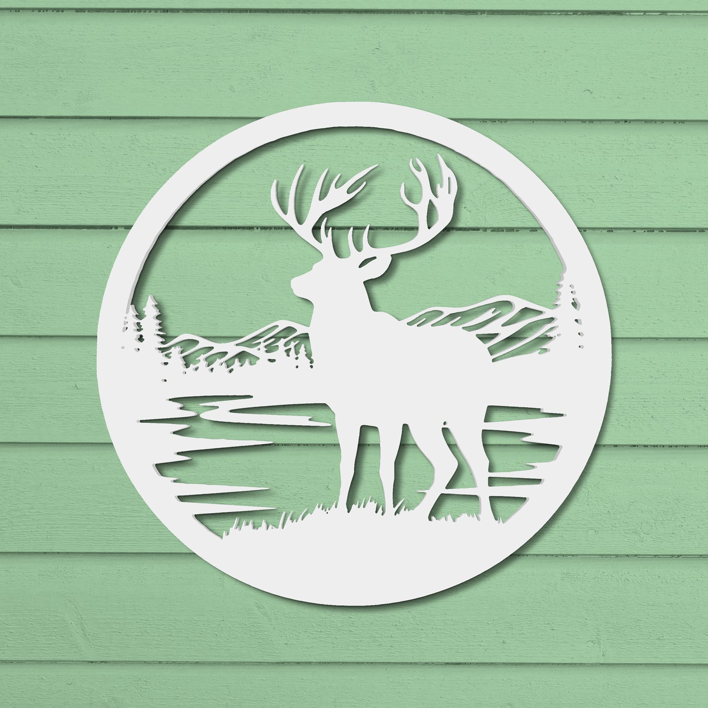 Outdoor Deer Wall Art – Deer Decor for Cabin, Lodge, or Rustic Home Exterior, PVC Wilderness Sign with Mountains and Pine Trees, 36 Inch Round