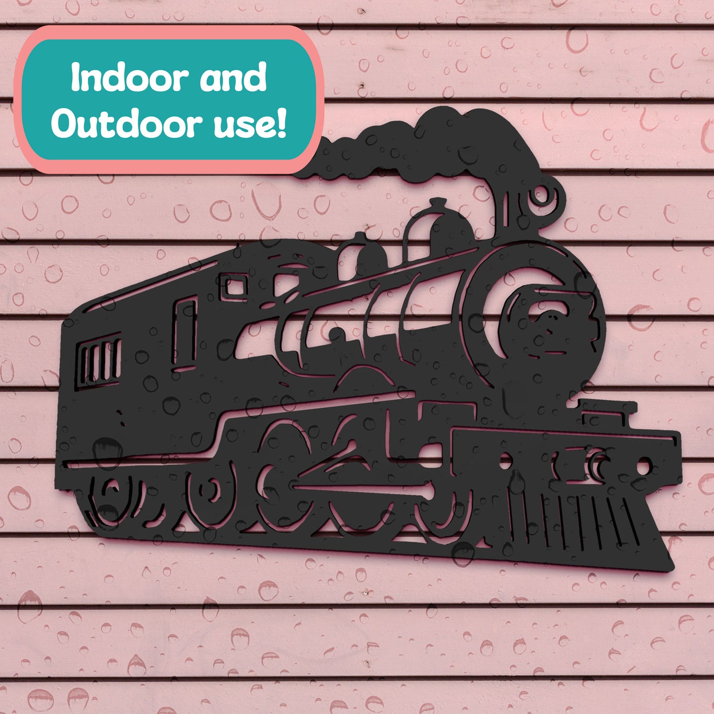 Outdoor Train Steam Locomotive Wall Art – Black PVC Railroad Decor – Weatherproof Train Car Sign