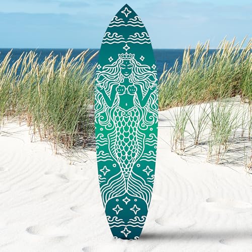 Outdoor Mermaid Surfboard Wall Art – Weatherproof PVC – Coastal Mermaid Sign for Beach House or Pool Area – Nautical Ocean Accent, Green 3ft