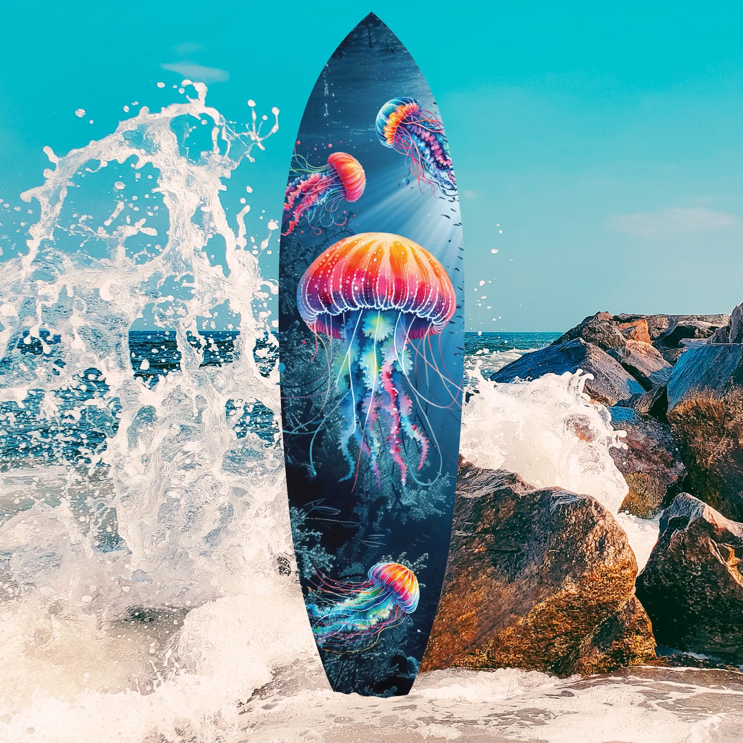 Outdoor Jellyfish Surfboard Wall Hanging, Weather Resistant, Decorative Jellyfish Wall Art, 4 Foot