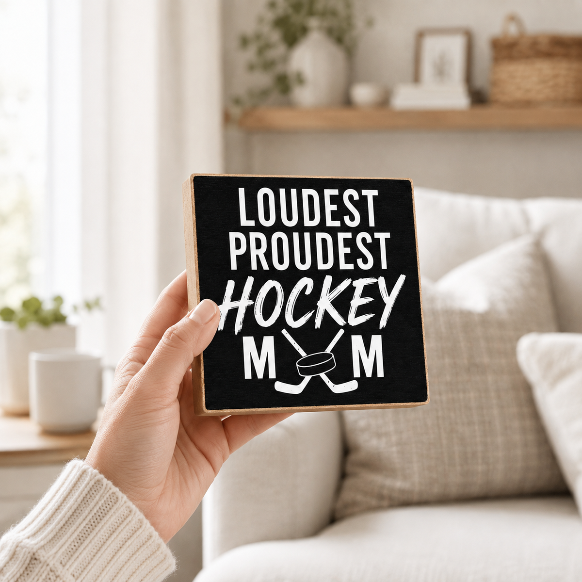 A hand holds a square wooden sign with a black face and white text that reads 'LOUDEST PROUDEST HOCKEY MUM' with crossed hockey sticks underneath, set against a cozy living room background.