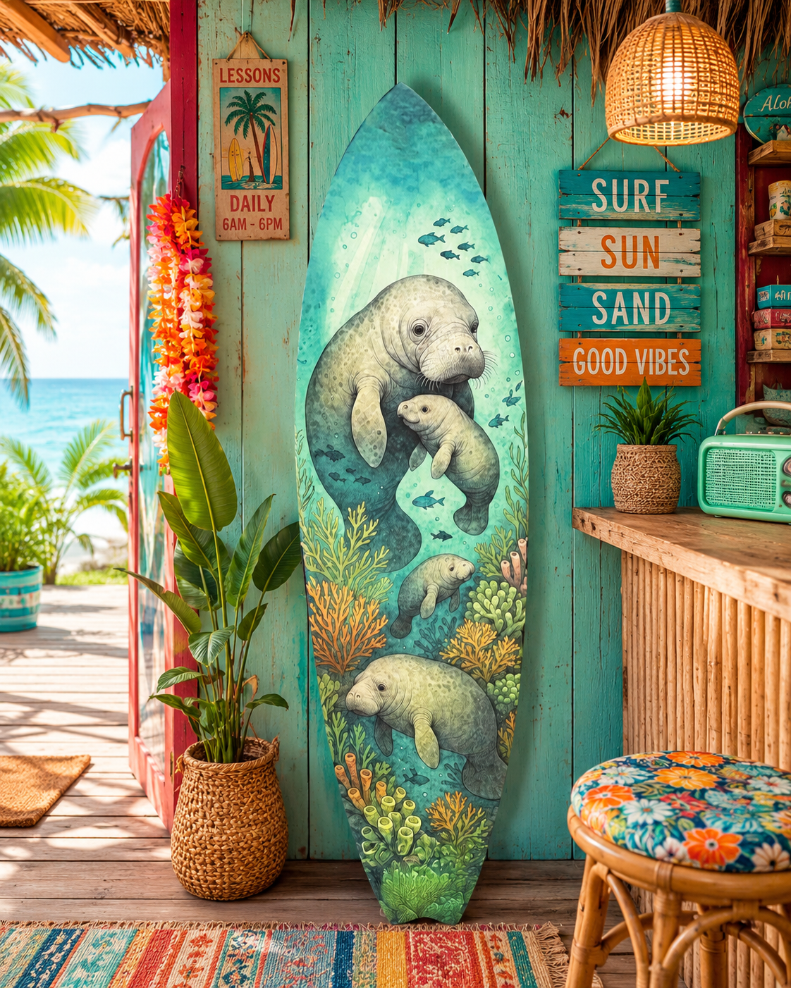 Manatee Surfboard Wall Art – Coastal PVC Beach Decor, Under the Sea Ocean Theme Sign, Weatherproof Outdoor Surfboard with Manatees & Coral