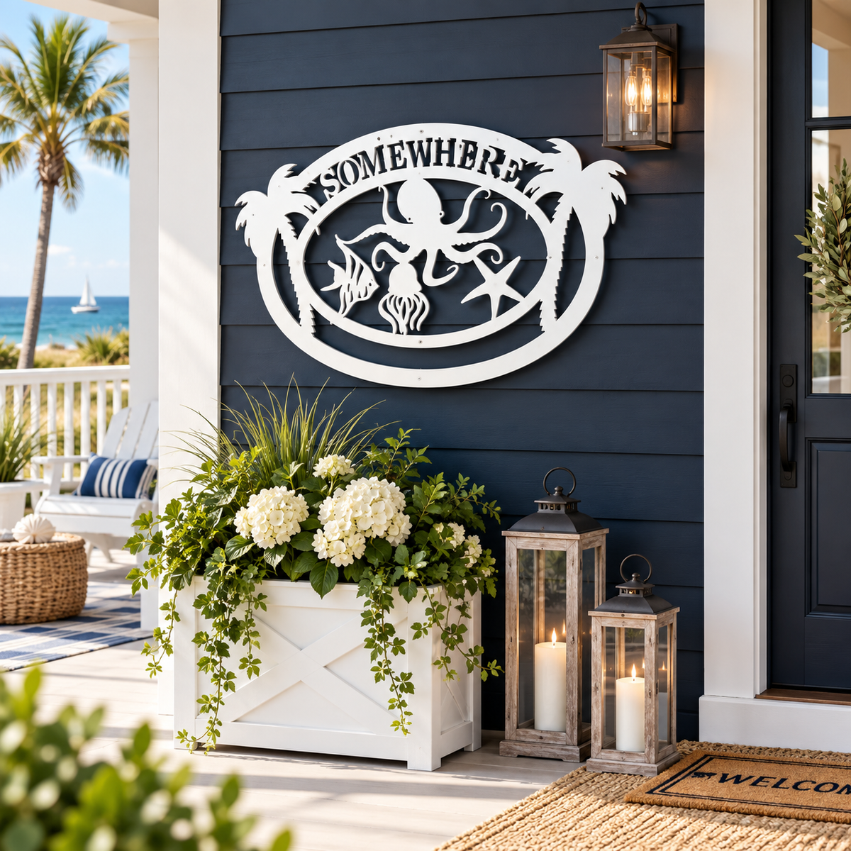 Outdoor Octopus Coastal PVC Sign: Palm Trees, Beach Home Decor, Somewhere