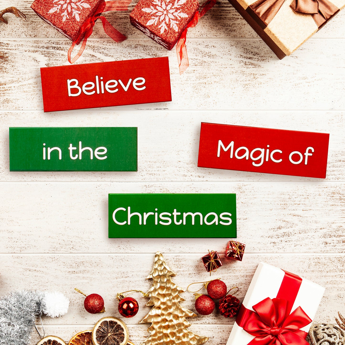 JennyGems Christmas Decorations Tiered Tray Decor, 4 Pieces Wooden Mini Christmas Blocks, Believe in the Magic of Christmas Wood Signs, Christmas Decor, Holiday Decor, Christmas Farmhouse Decorations