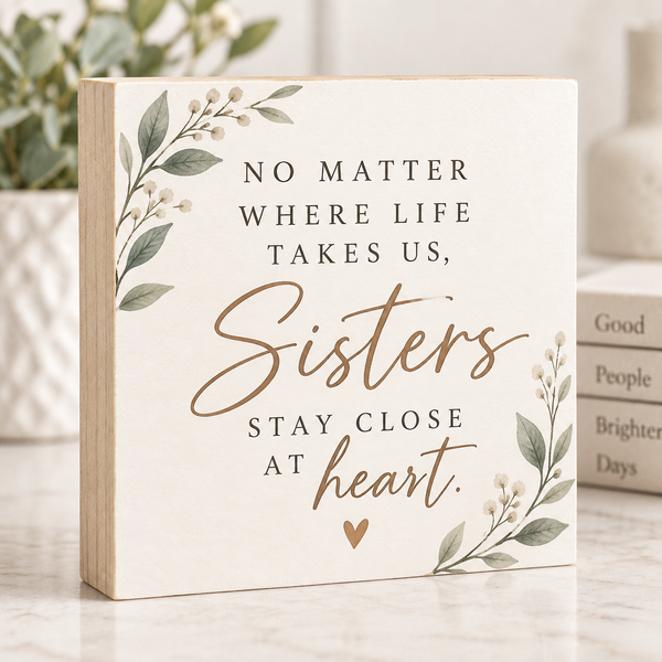 A square decorative wooden sign with a light natural wood edge and a cream face, printed with the phrase “NO MATTER WHERE LIFE TAKES US, Sisters STAY CLOSE AT heart.” in dark gray and metallic gold lettering, with floral illustrations in green and beige.