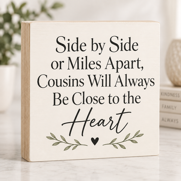 A square wooden sign with a light natural wood edge and a cream face, printed with the phrase 'Side by Side or Miles Apart, Cousins Will Always Be Close to the Heart' in black lettering, with a small leafy branch and heart motif. The sign is displayed on a light marble surface with blurred decorative background elements.