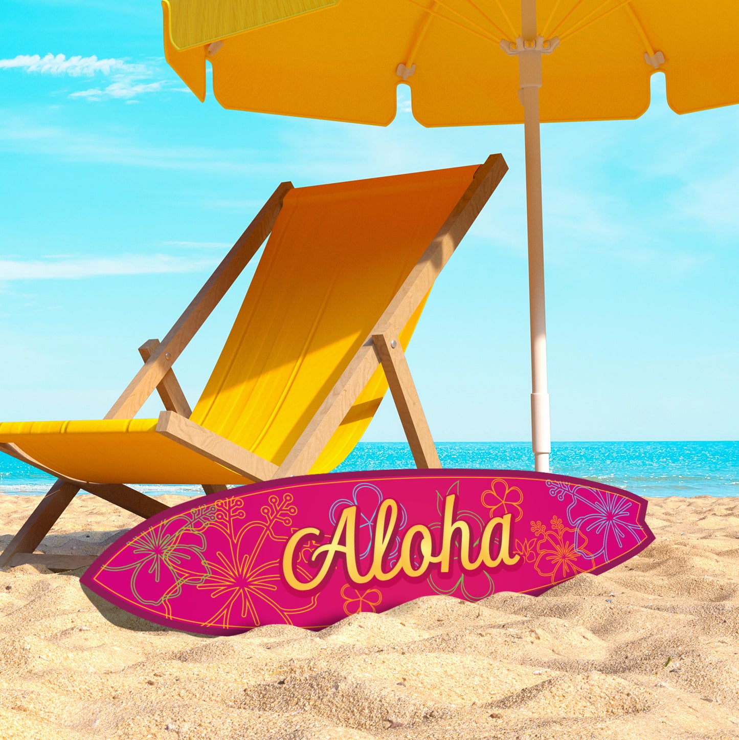 Outdoor Decorative Surfboard Wall Art in Fuchsia Color, Weather Resistant PVC, Aloha Design, Indoor Outdoor, 3 Foot