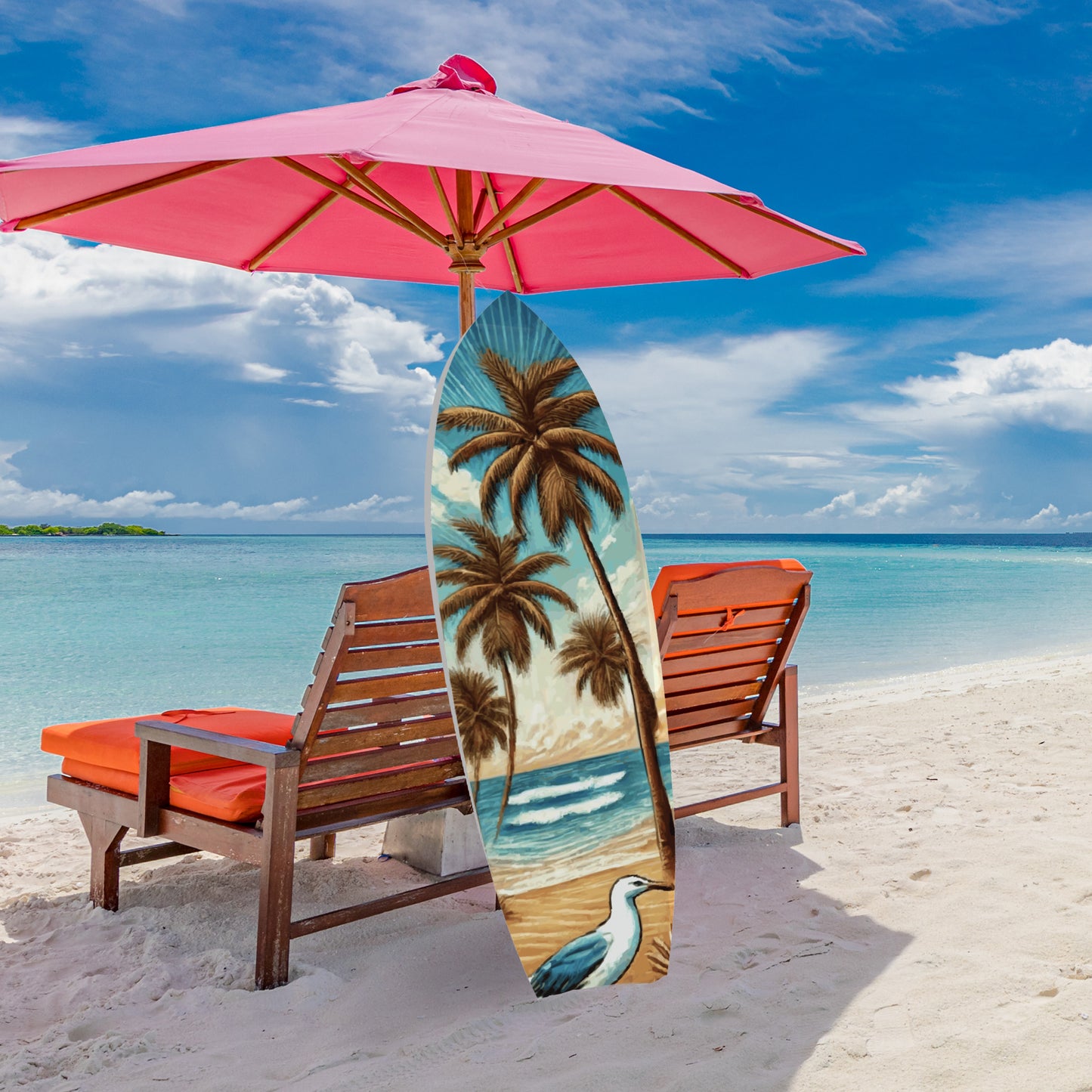 Outdoor Tropical Surfboard Wall Art, Palm Trees and Bird, Weather Resistant PVC, 4 Foot