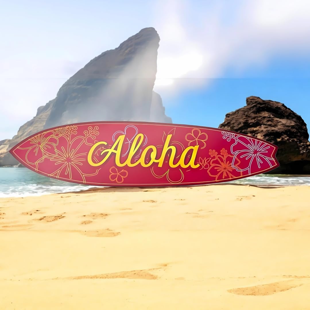 Outdoor Surfboard Wall Art Aloha, Bold Fuchsia Color, Hawaiian Decor, Weather Resistant PVC, Indoor Outdoor, 4 Foot