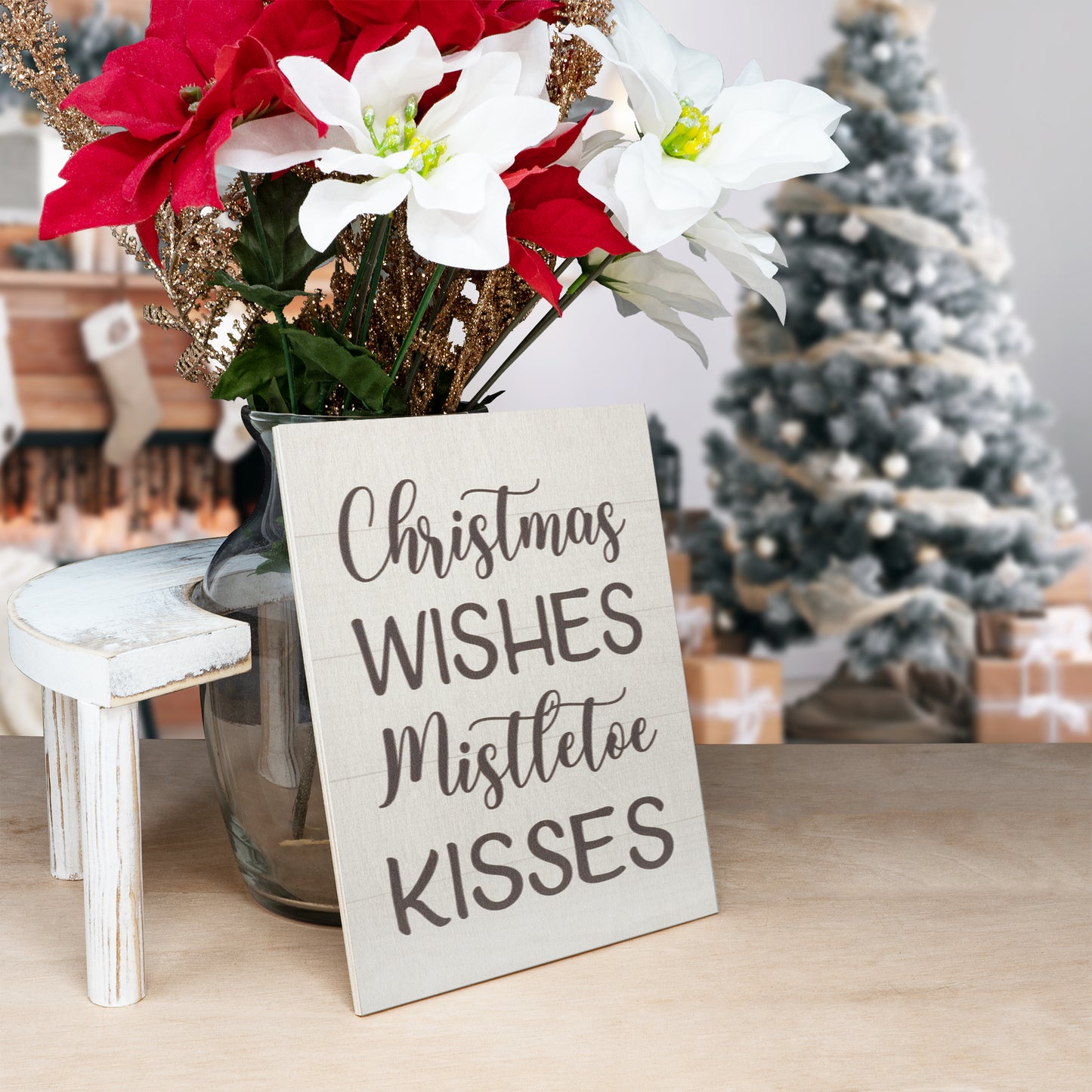 Christmas Wishes Mistletoe Kisses, 7.25x6 Inch Wood Sign, Christmas Decorations, Christmas Gifts, American Made
