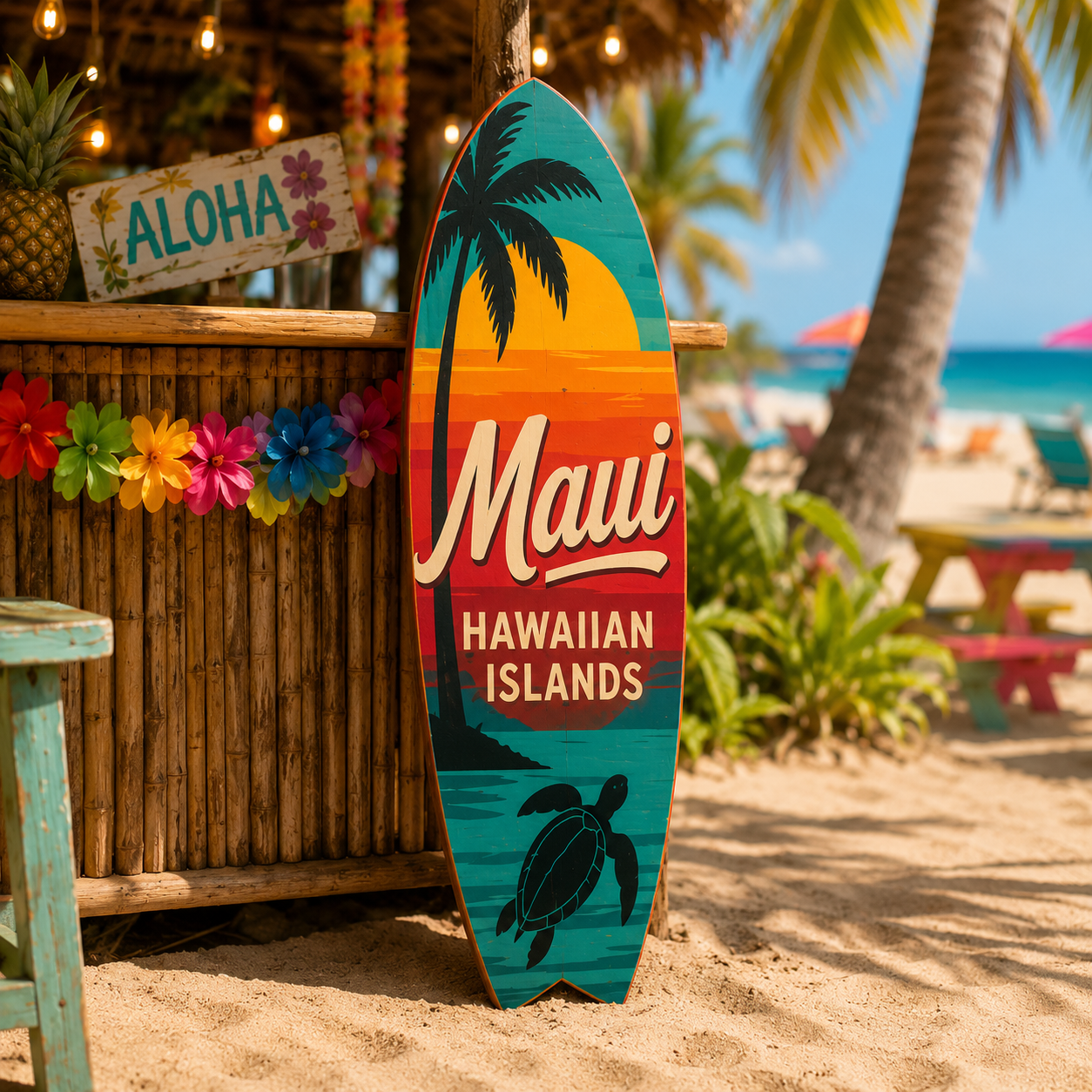 Maui Hawaiian Islands Surfboard Wall Art, Weatherproof PVC, Coastal Decor