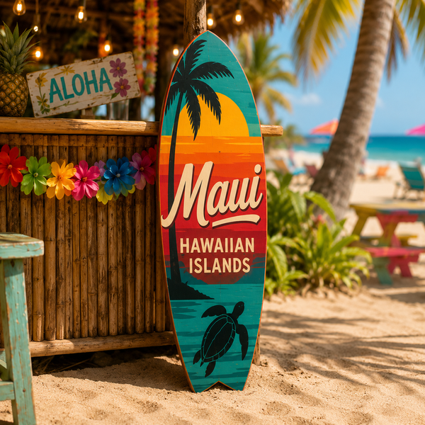 Maui Hawaiian Islands Surfboard Wall Art, Weatherproof PVC, Coastal Decor