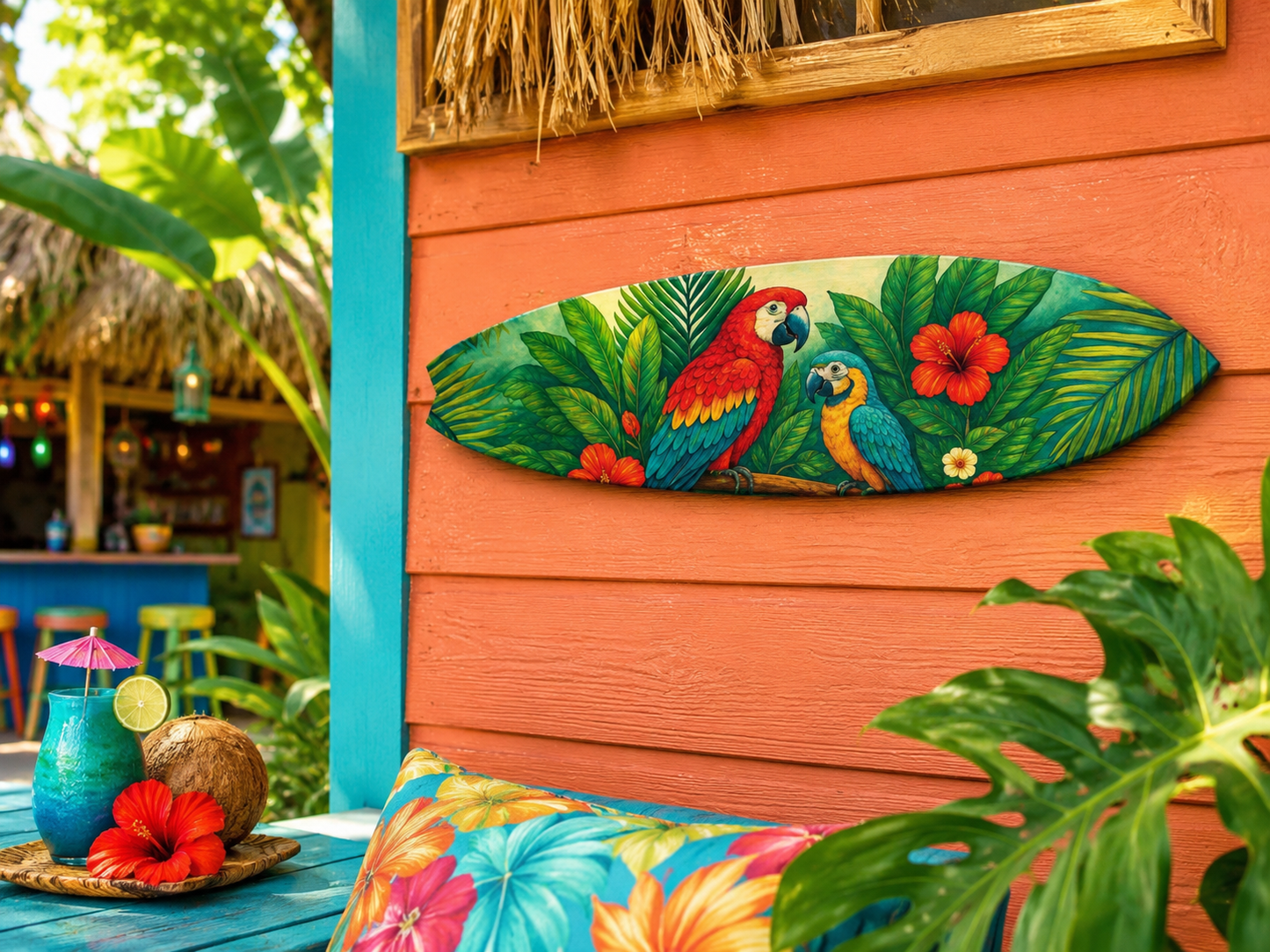 Tropical Parrot Surfboard Wall Art | JennyGems | Indoor & Outdoor Décor